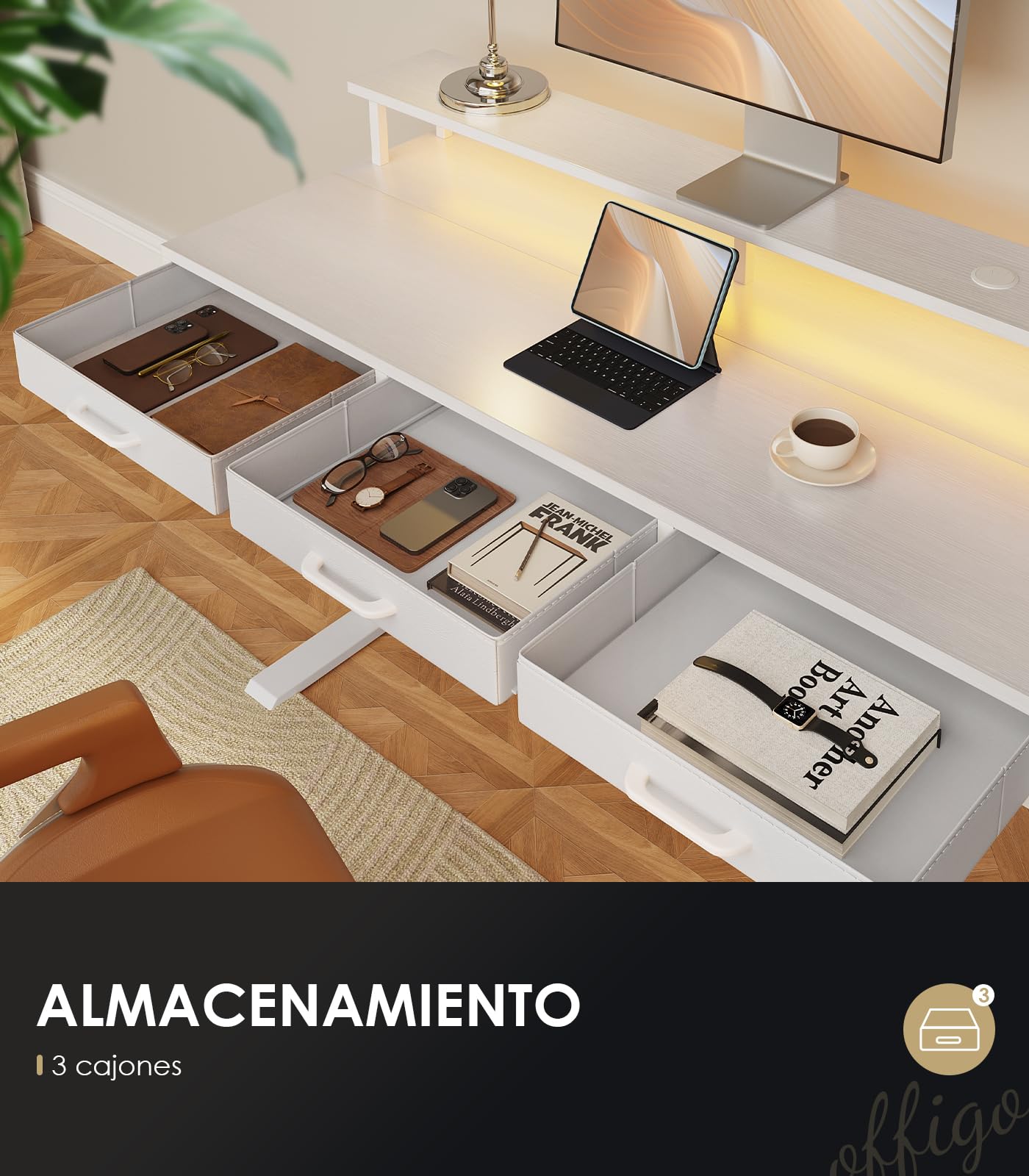OffiGo Mesa Elevable Escritorio con Cajones, 120cm Escritorio Elevable con Soporte para Monitor, Mesa Gaming con Carga y Luces LED, Mesa Regulable Altura, Blanco