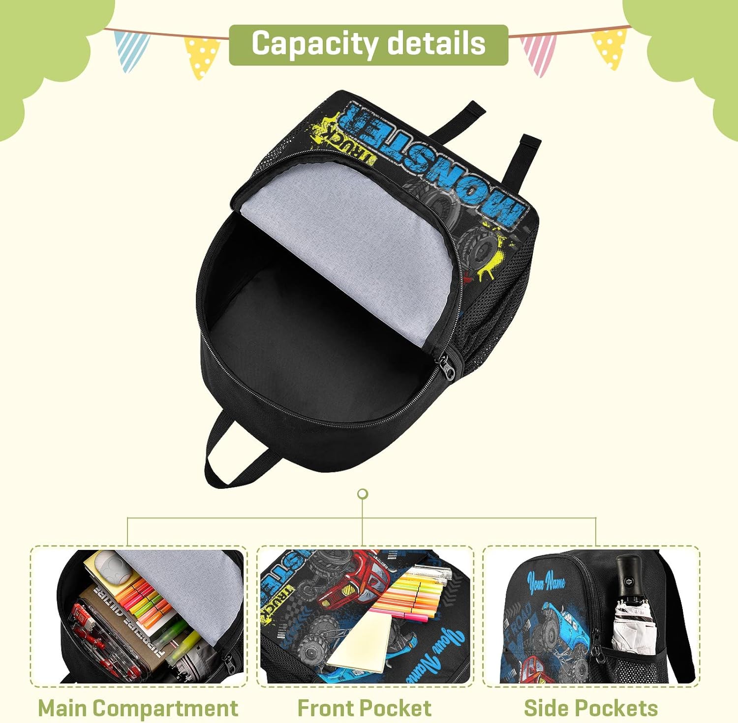 Personalized Monster Truck Kids Backpacks for Boys Preschool Backpack Light School Travel Backpacks with Name - Image 4