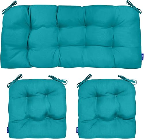 Cojines de mimbre copetudos de 3 piezas para muebles de patio, cojines de mimbre para sillas de exterior con lazos, cojines de mimbre repelentes al