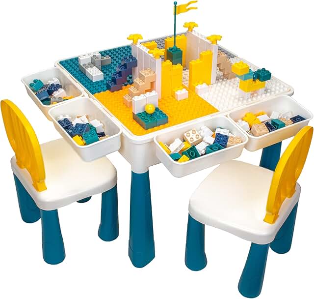 AMOSTING Kids Activity Height Adjustable Table and 2 Chair Set ，include 100Pcs Large Size Blocks Compatible with big block...