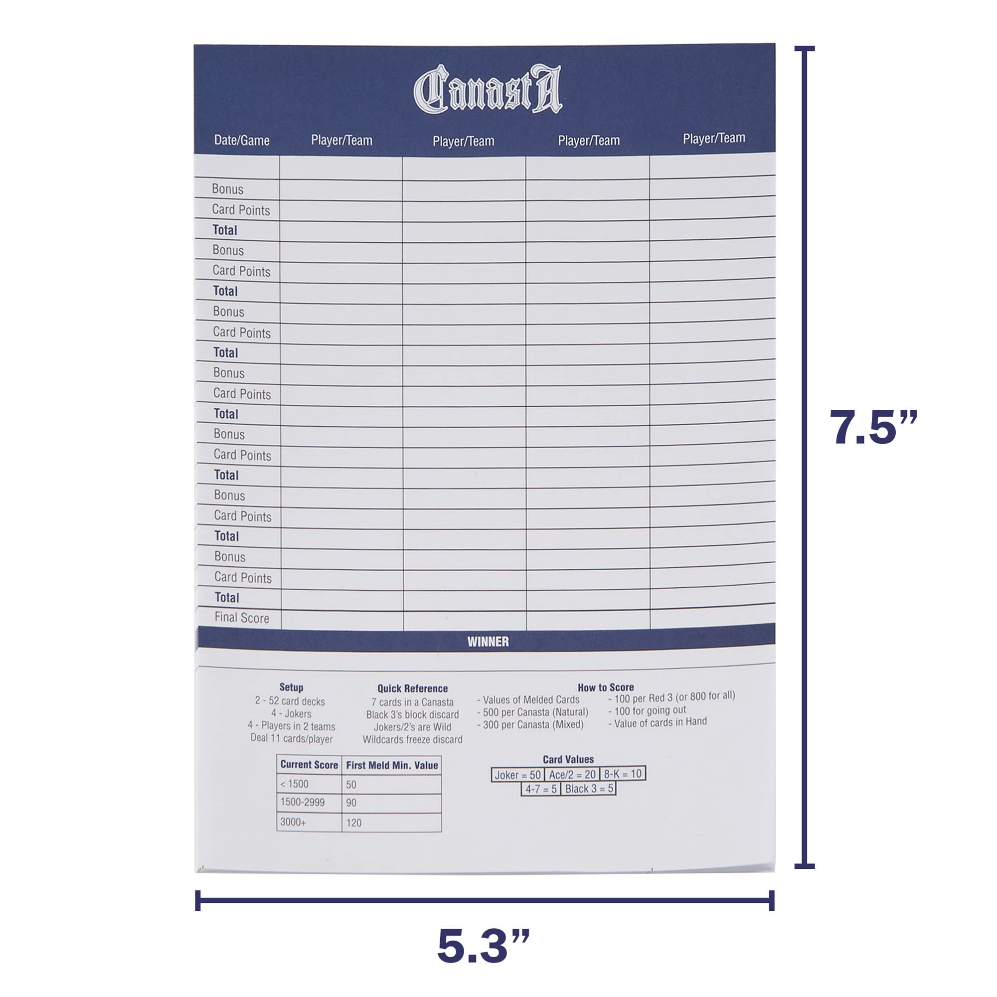 Amazon.com: Canasta Scorecards, 75-Pack - 7.5" x 5.25" Large Tally Pads for  Scorekeeping in Classic Canasta Family Playing Card Game - Score Sheet  Record Keeper + Quick Point Reference for 4 Players