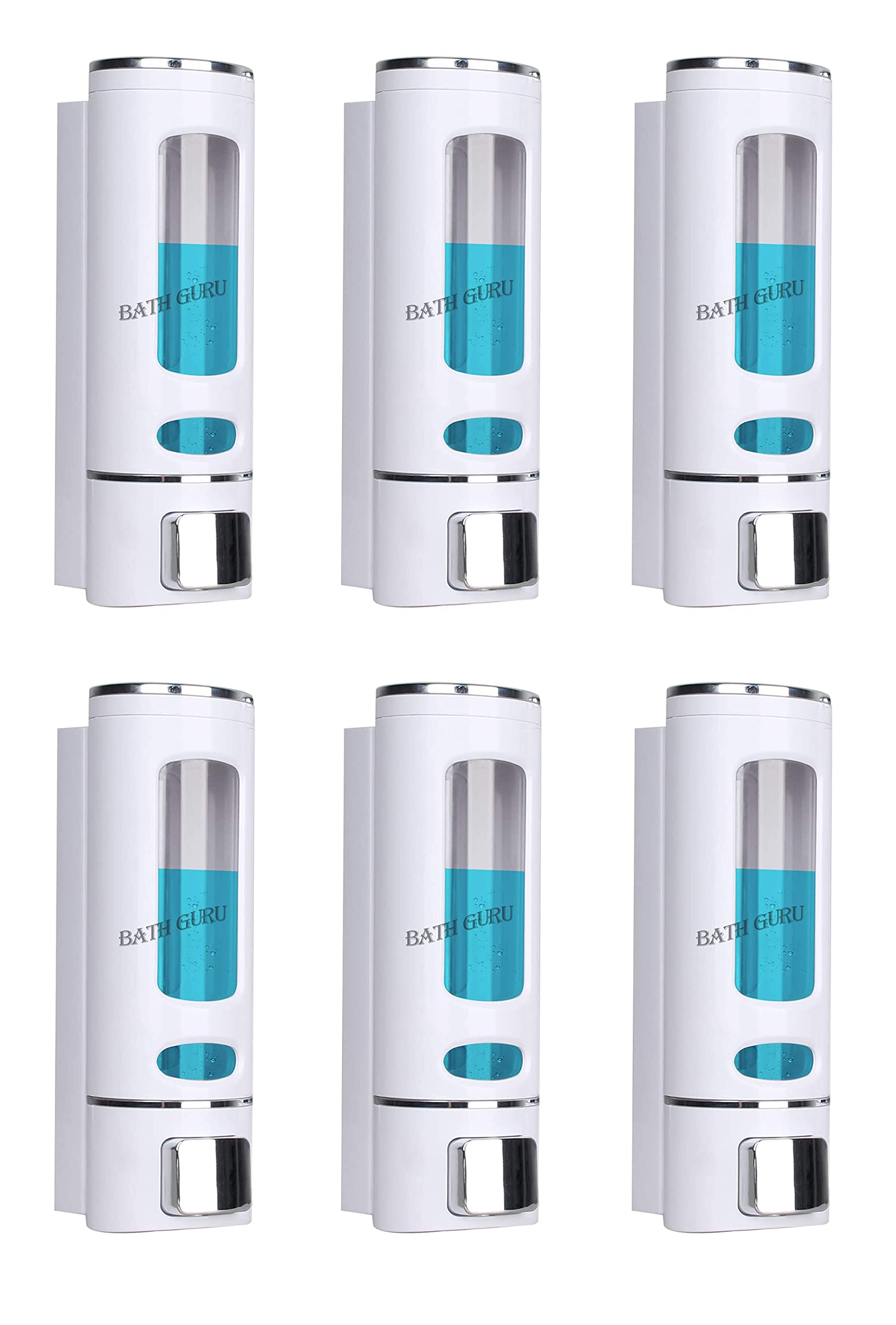 BATH GURU ABS Plastic Wall Mounted Soap Shampoo Conditioner Hand Wash Gel Dispenser Liquid Soap Sanitizer Dispenser for Bathroom Basin Kitchen Sink 400Ml Pack of 6 White