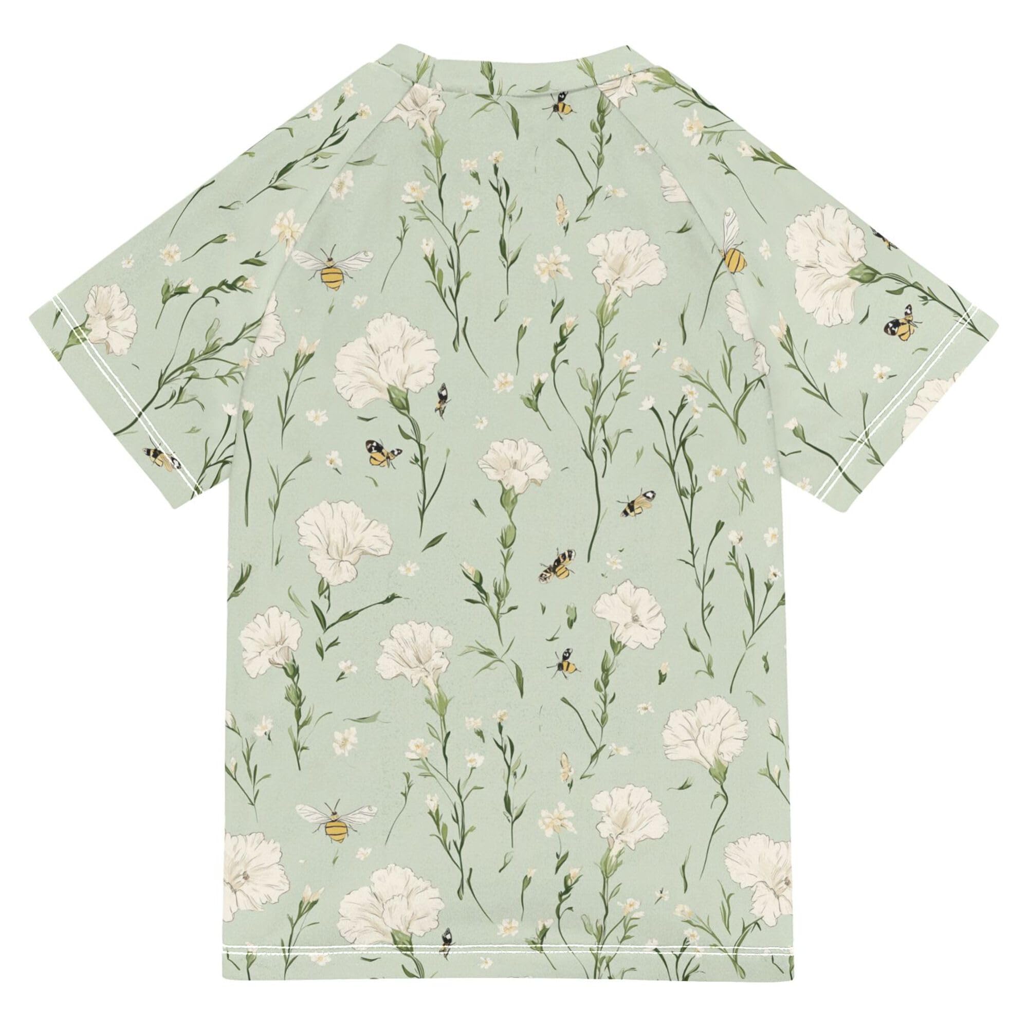 Cartoon Dianthus Sage Green Girls Bathing Suit Short Sleeves Tshirts Swimwear Beach Tops 3T