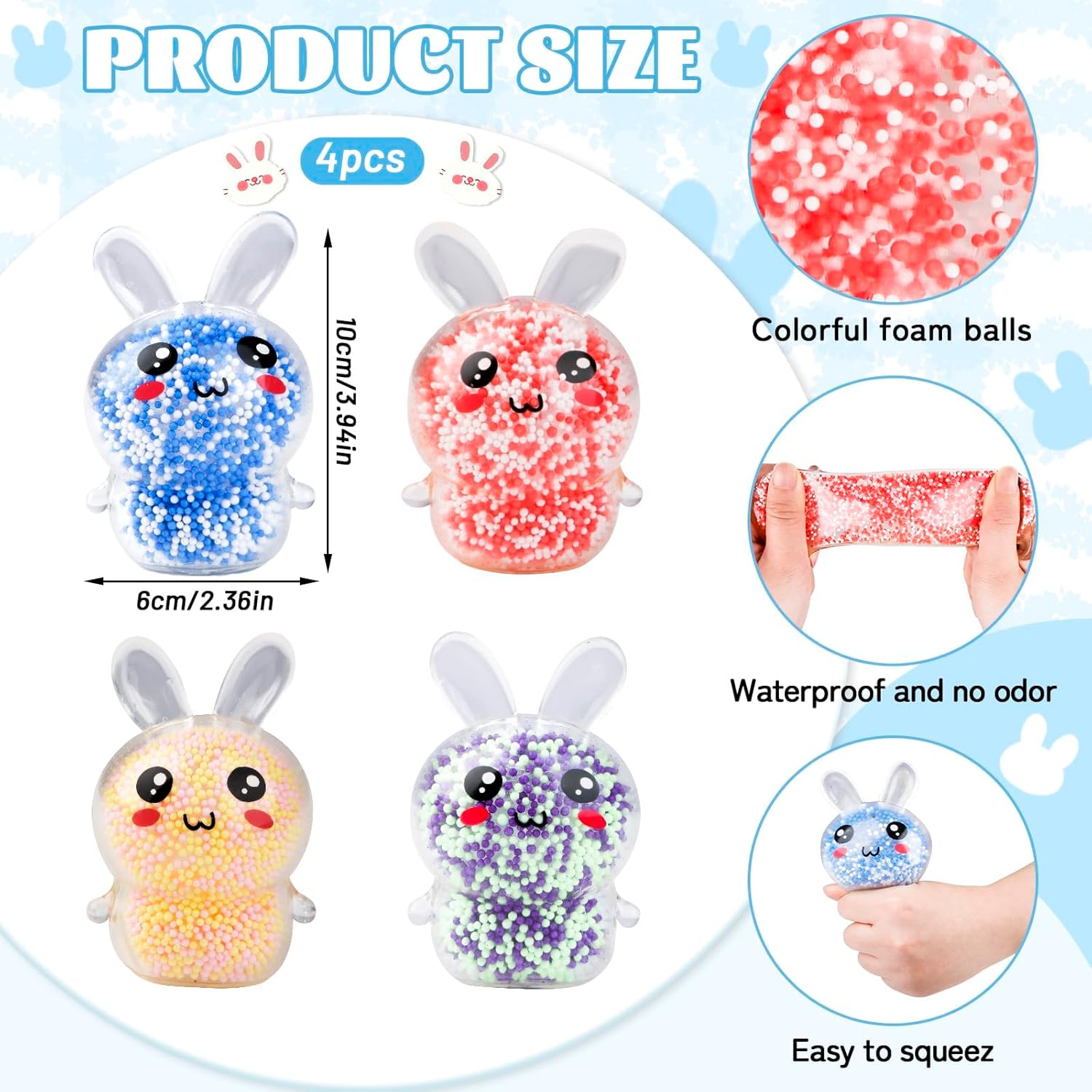Easter Basket Stuffers，4 Pack Squishy Easter Bunny Stress Balls for Kids，Fidget Toys Easter Egg Fillers Squeeze Toys Autism Sensory Toys Boys Girls