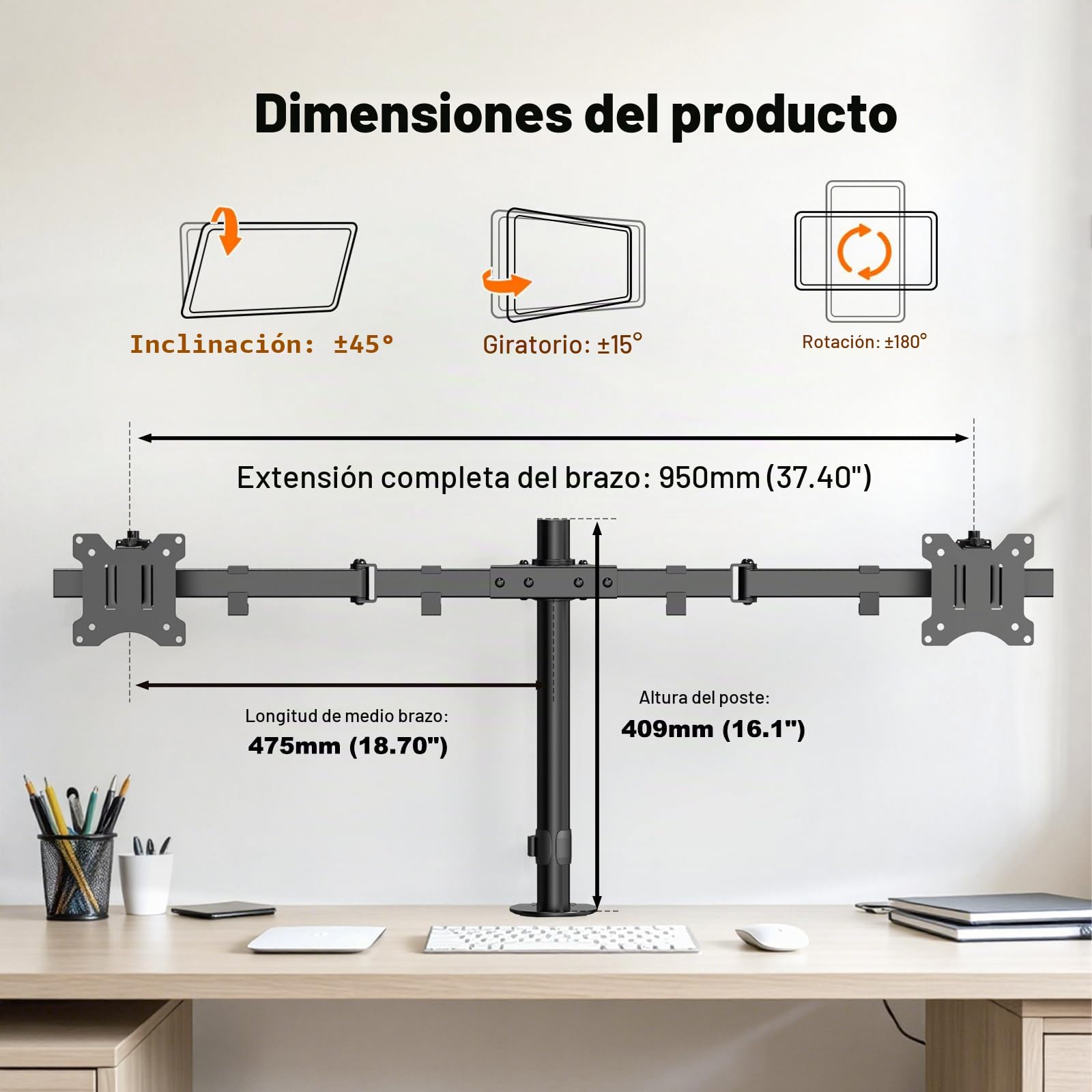 PUTORSEN Soporte para monitor de 24~38 pulgadas para 2 monitores, soporte deslizante VESA ajustable para 2 monitores, 9 kg por brazo, VESA 75/100 mm