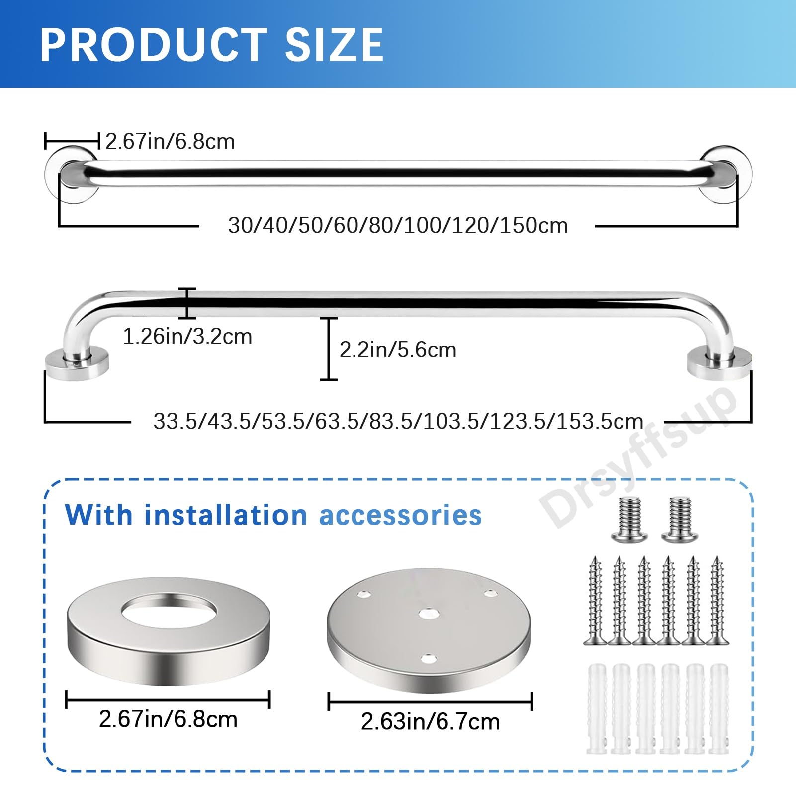 Barras de apoyo para ducha, barandilla de seguridad de acero inoxidable para bañera, barra de apoyo para pasillo, reposabrazos cromados, pasamanos resistentes, toallero(150cm)