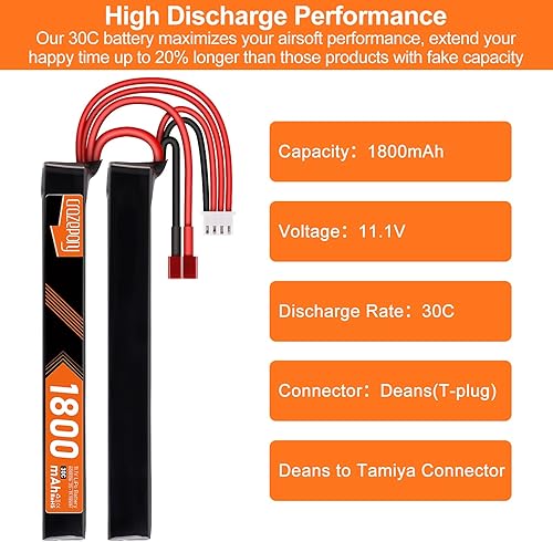 Miniatura 3 de Crazepony Batería Airsoft de 11.1 V recargable 3S LiPo 1800mAh 30C Nunchuck Split Pack Batería con Deans T Plug a Mini Tamiya Cable para Airsoft