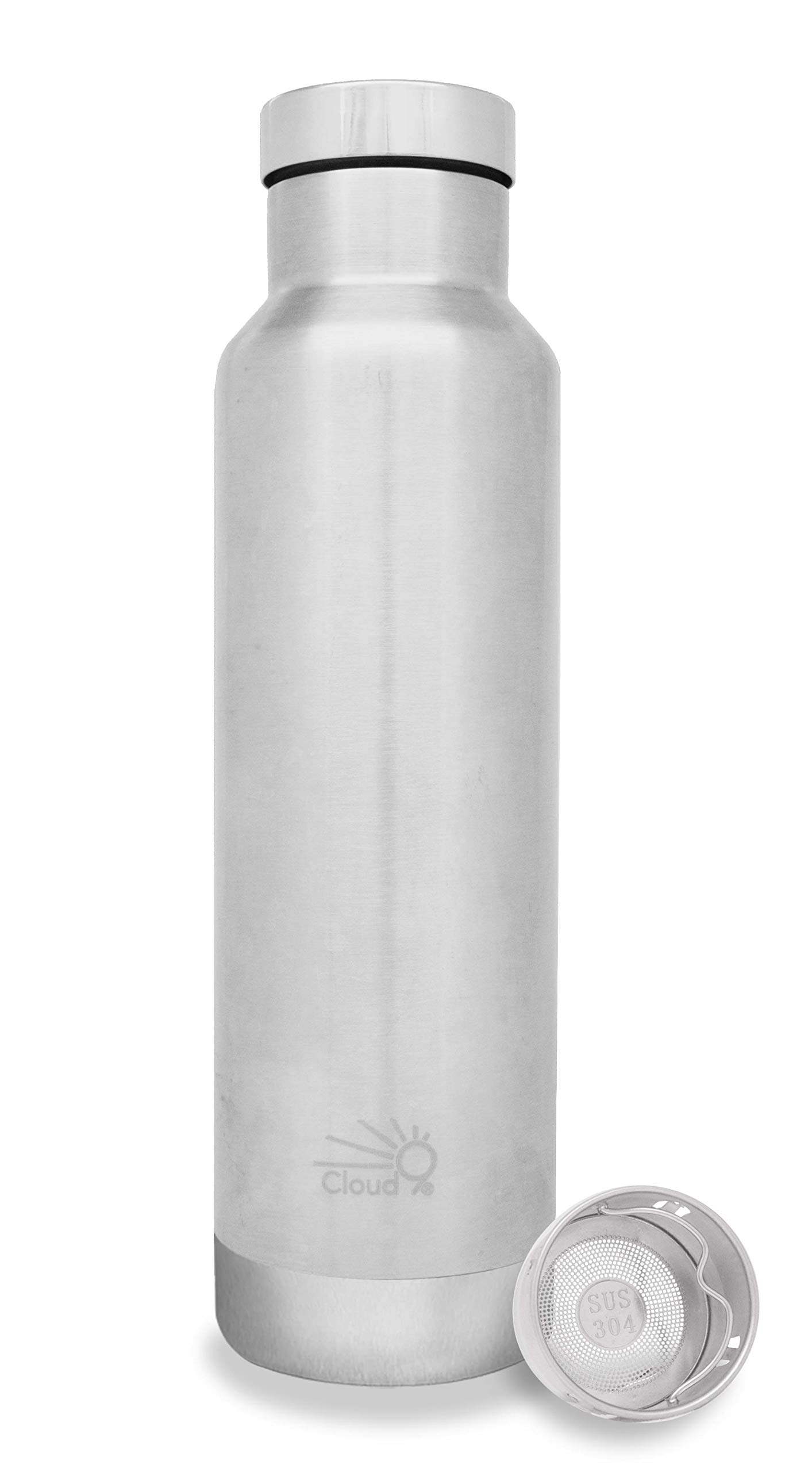 Cloud9 - Botella de acero inoxidable térmico de doble pared con filtro para té/frutas, sin plástico, 17 oz, 17oz Silver