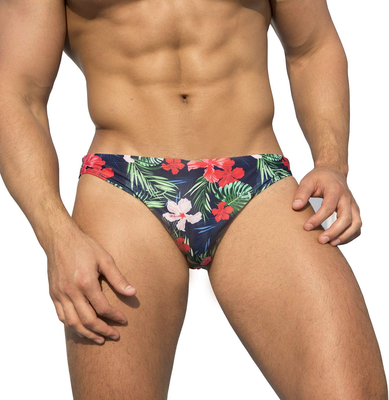Easejuicy Mens Swimwear Flowers Sexy Bikini Swim Briefs Low Rise Swimsuits (Flowers, X-Large for Waist 32-33 in)