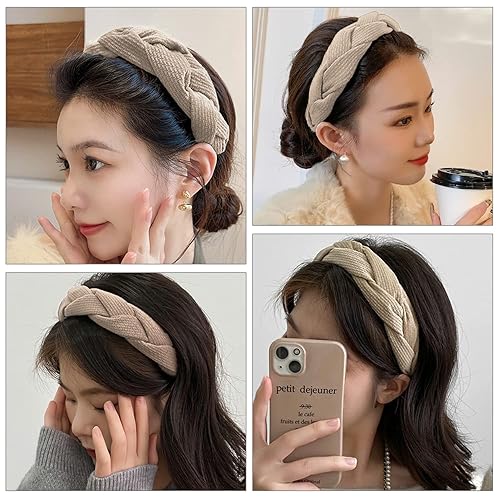 Miniatura 7 de TUCEWP Diademas para mujer diademas de terciopelo trenzadas diademas de moda suaves lisas anchas gruesas para niñas color beige accesorios