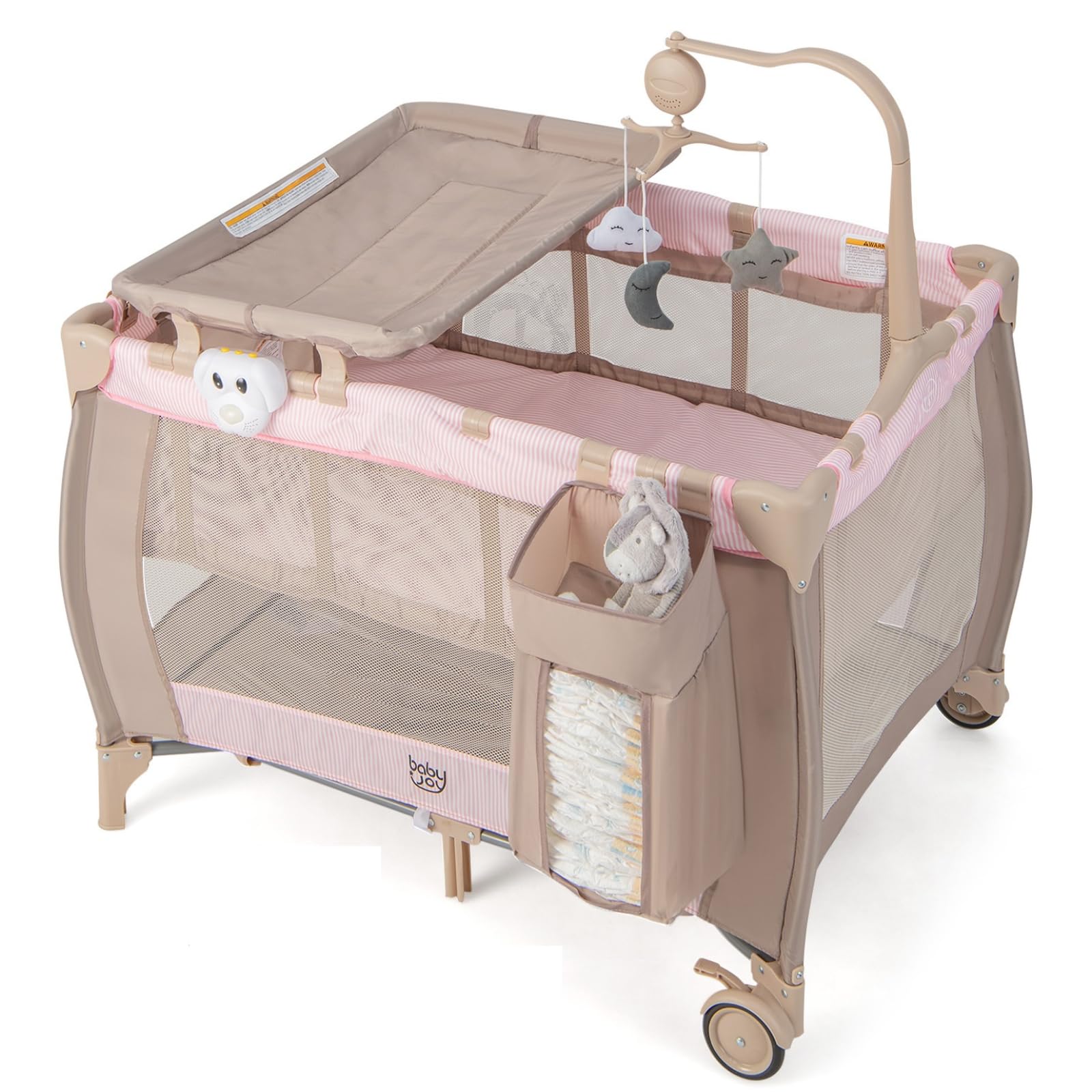 Costzon 3 in 1 Pack and Play with Bassinet, Portable Baby Playard with Changing Table, Bassinet, Music Box, Whirling Toys, Wheels/Brake, Large Basket, Bag, Foldable Travel Crib for Indoor Outdoor