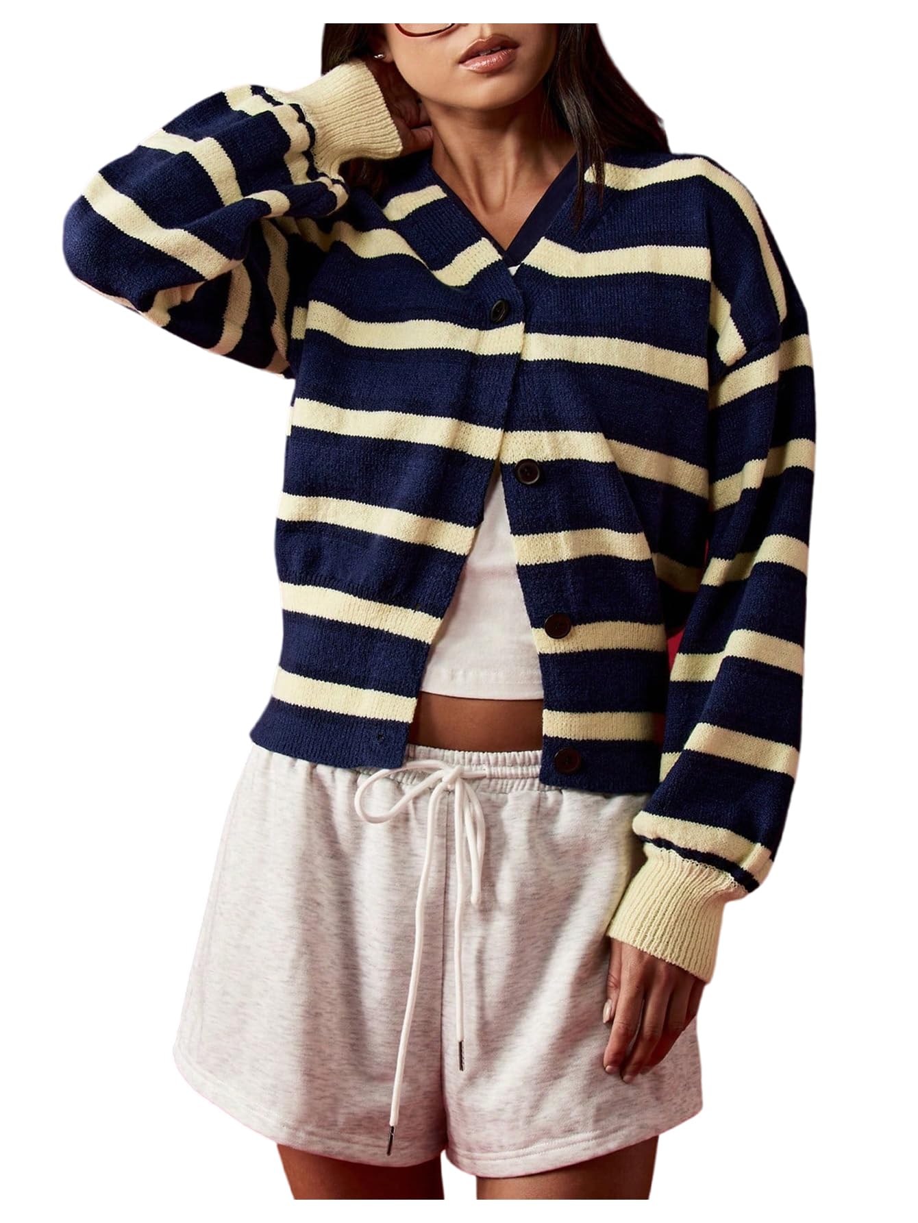 MakeMeChic Womens Striped Cardigan Sweater Button Down Long Sleeve Knitted Outerwear