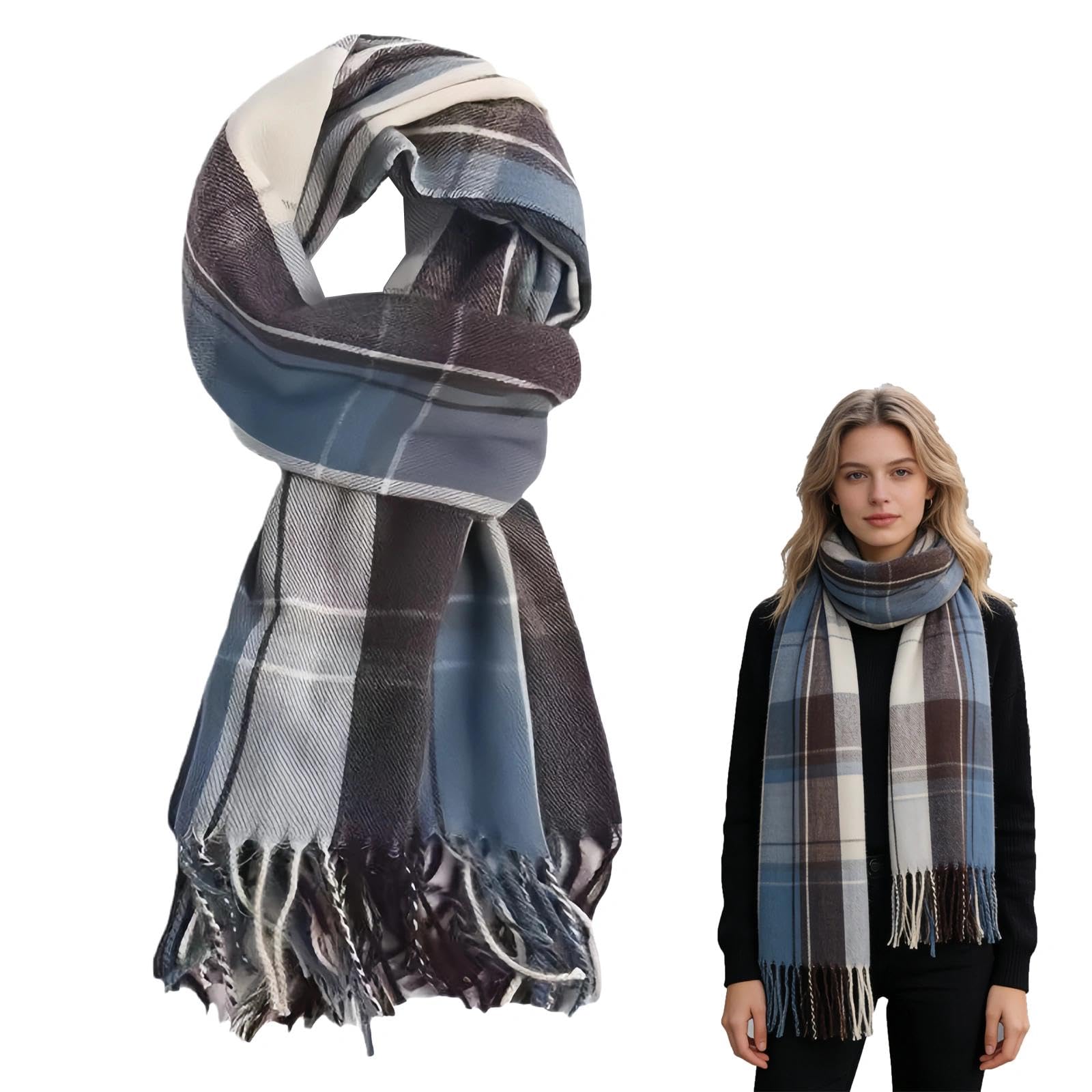 Huanyo Women's Blue 100% Cashmere Plaid Scarf For - Extra Warm Winter Tartan Shawl, Long Checked Wrap & Fashion Blanket Scarf (Blue)