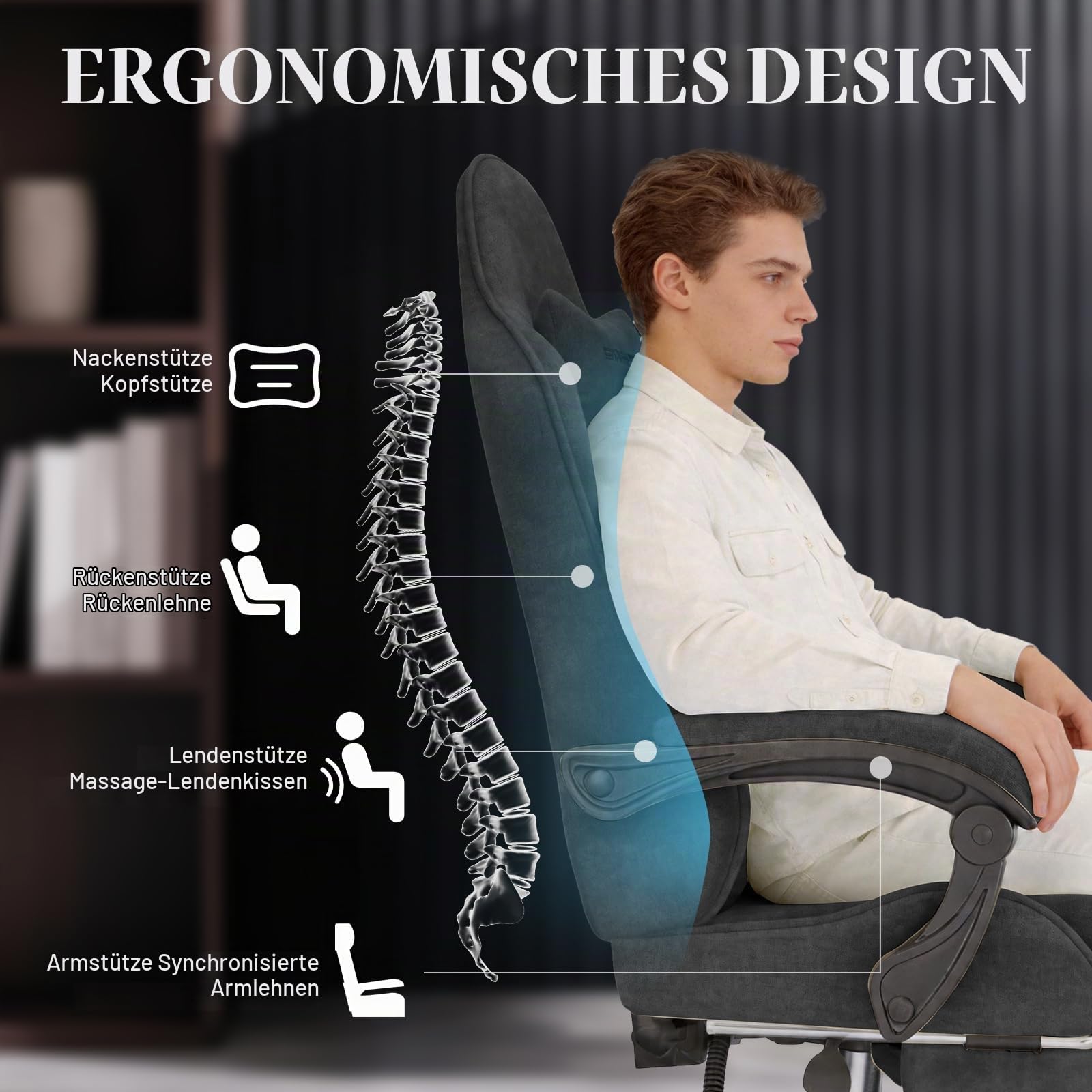 Verdego Gaming Stuhl Ergonomisch, Gaming Chair mit Massagefunktion, Fußstütze, Gamingstuhl Samt, Höhenverstellbar, Gamer Stuhl Verstellbare Rückenlehne 90-125°, Linkage Armlehnen (Schwarz)