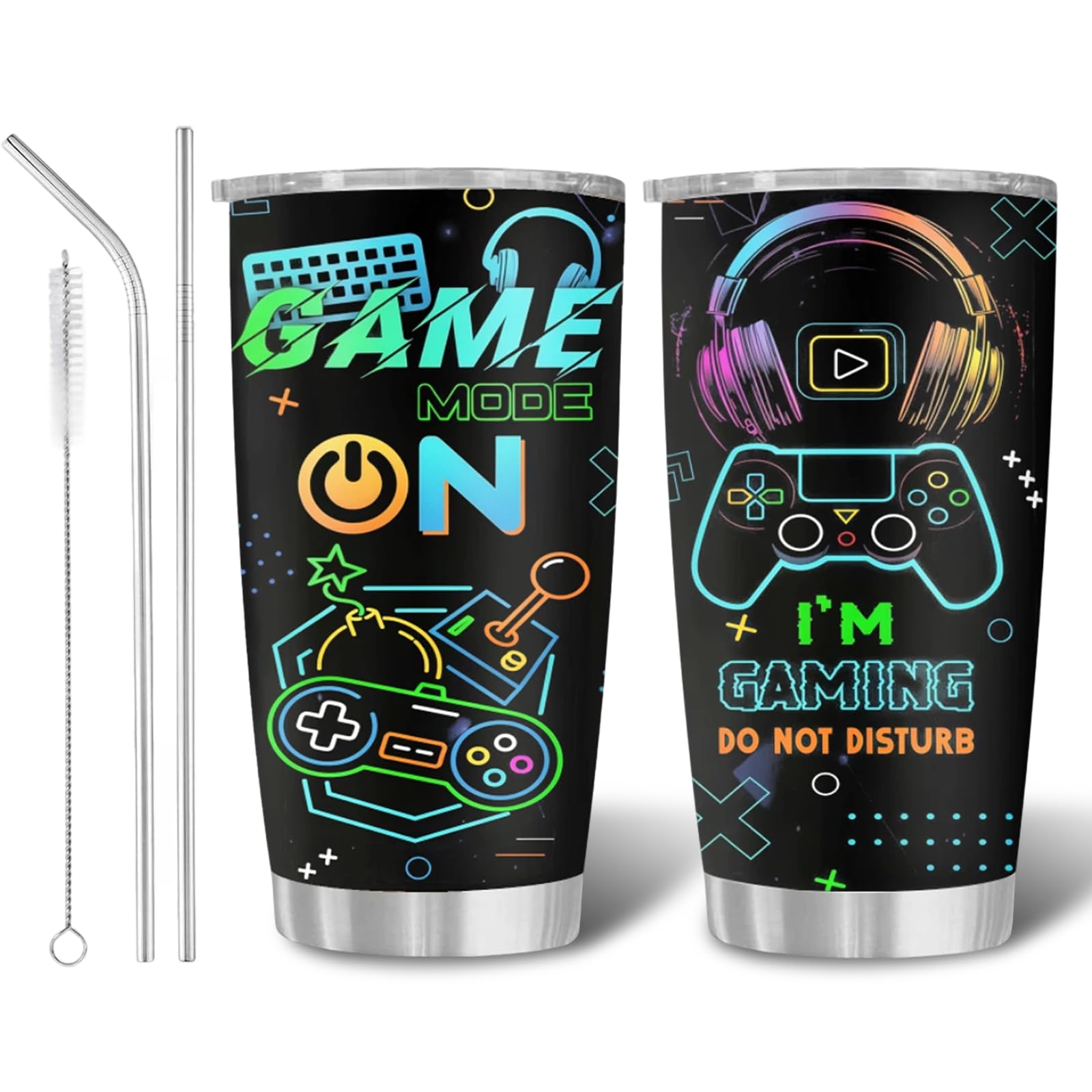Boys Travel Mug 20oz, Gamer Cup with Straw and Lid, Insulated gaming cups, Gamer Gifts for Boys, Stainless Steel Coffee Travel Mugs for Ice Drinks, Ice Storage, Gaming Gifts for Kids Teenage Home