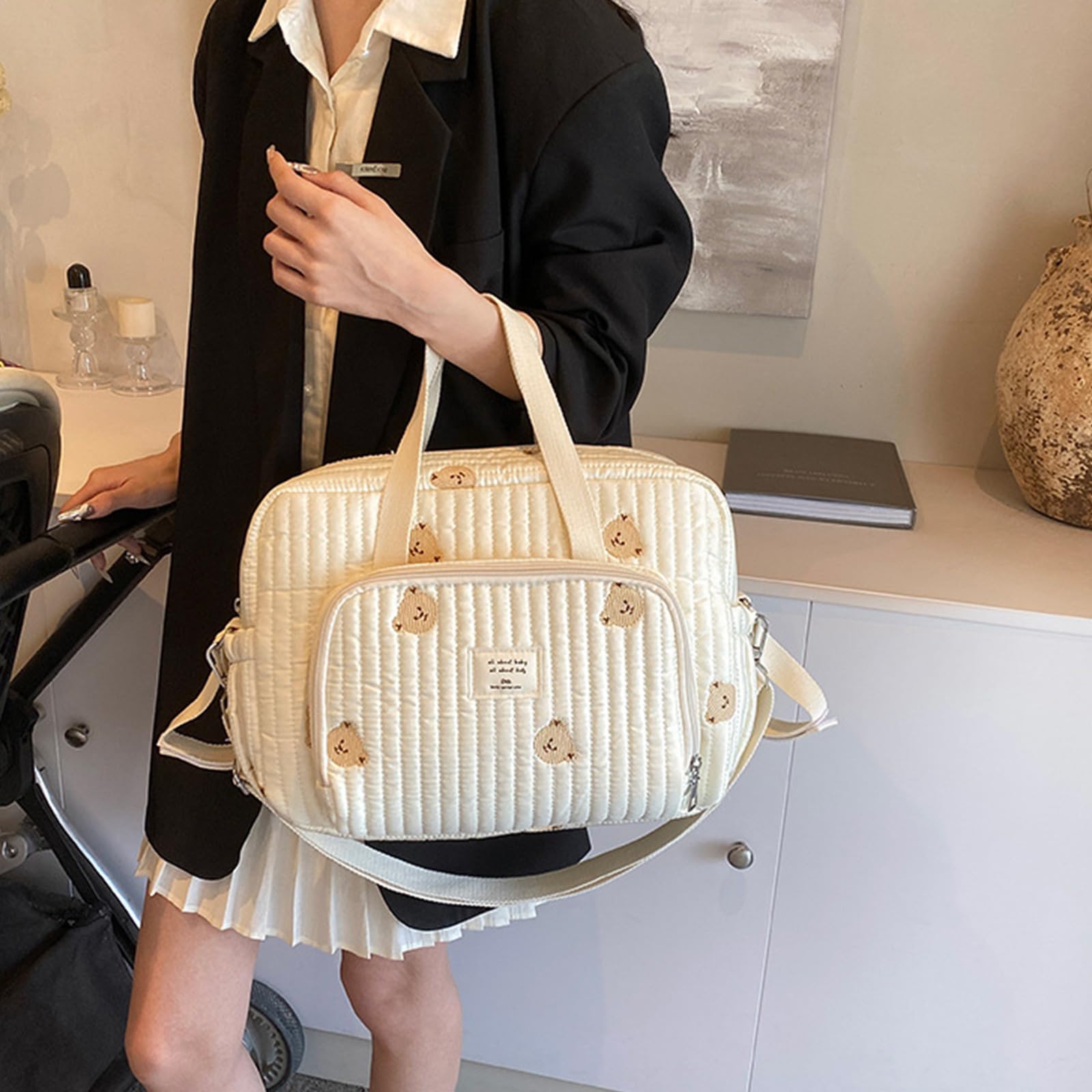 Bolsa de pañales multifuncional, bolsa de pañales, organizador, bolso de hombro portátil con bordado y mucho espacio para el pañal