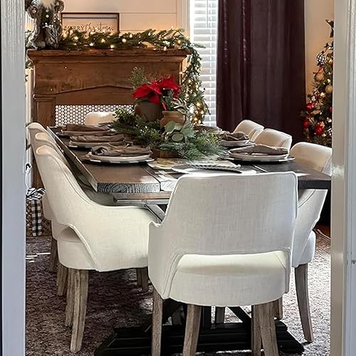 Miniatura 9 de Juego de 2 sillas de comedor estilo granja con fundas de lino para cocina con acento tapizado en los brazos, silla lateral con patas de madera para