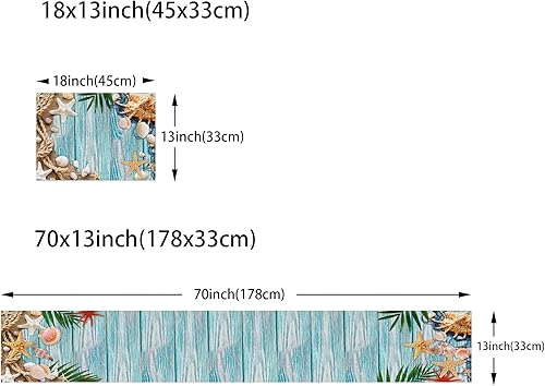 Miniatura 3 de Juego de 6 manteles individuales y camino de mesa tropical de verano de lino de madera azul turquesa, juego de tapetes de comedor lavables con