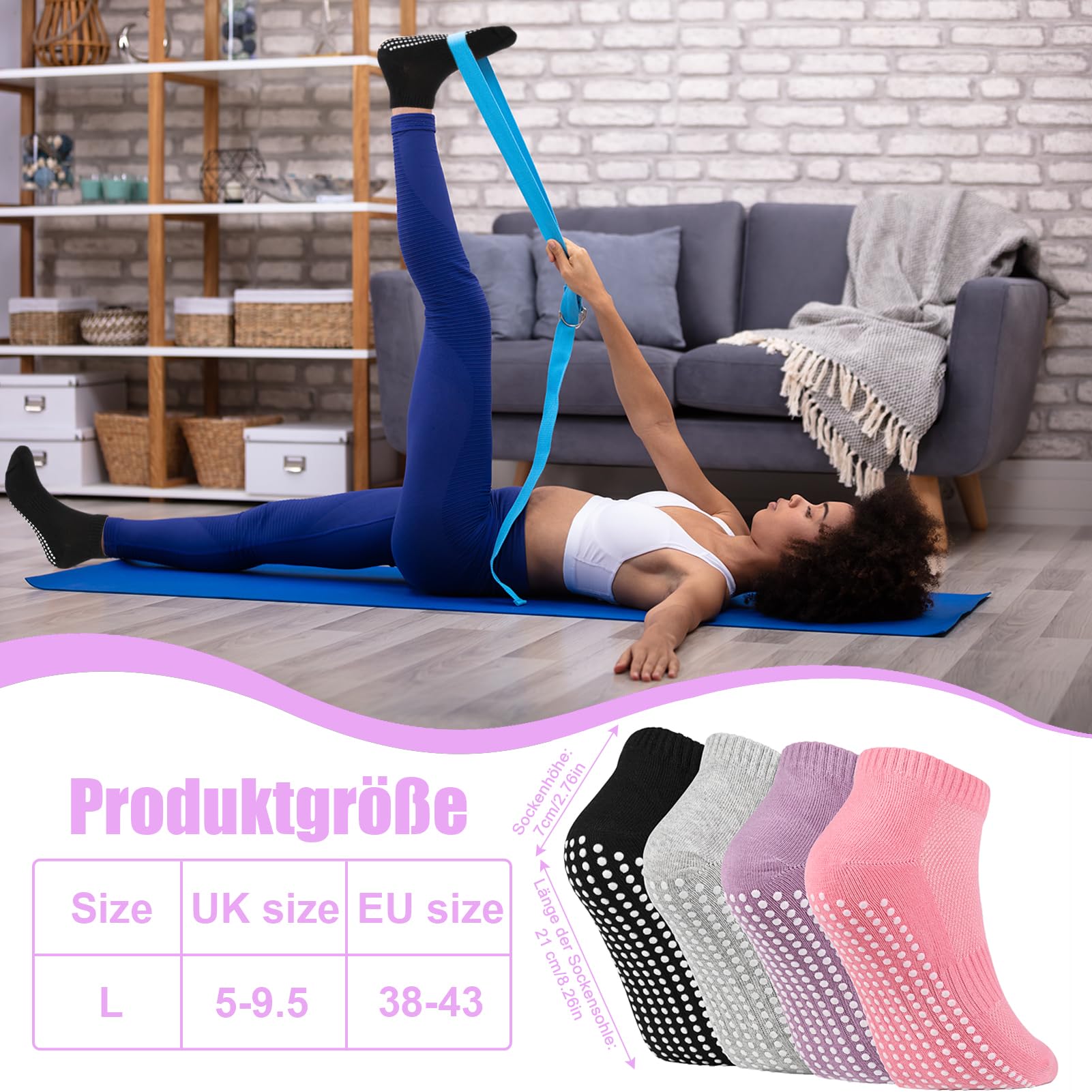 4 Paar Stoppersocken für Damen Herren, Yoga Socken Antirutschsocken Rutschfeste Socken Grip Socken für Ballett, Pilates, Krankenhaus, Fitness