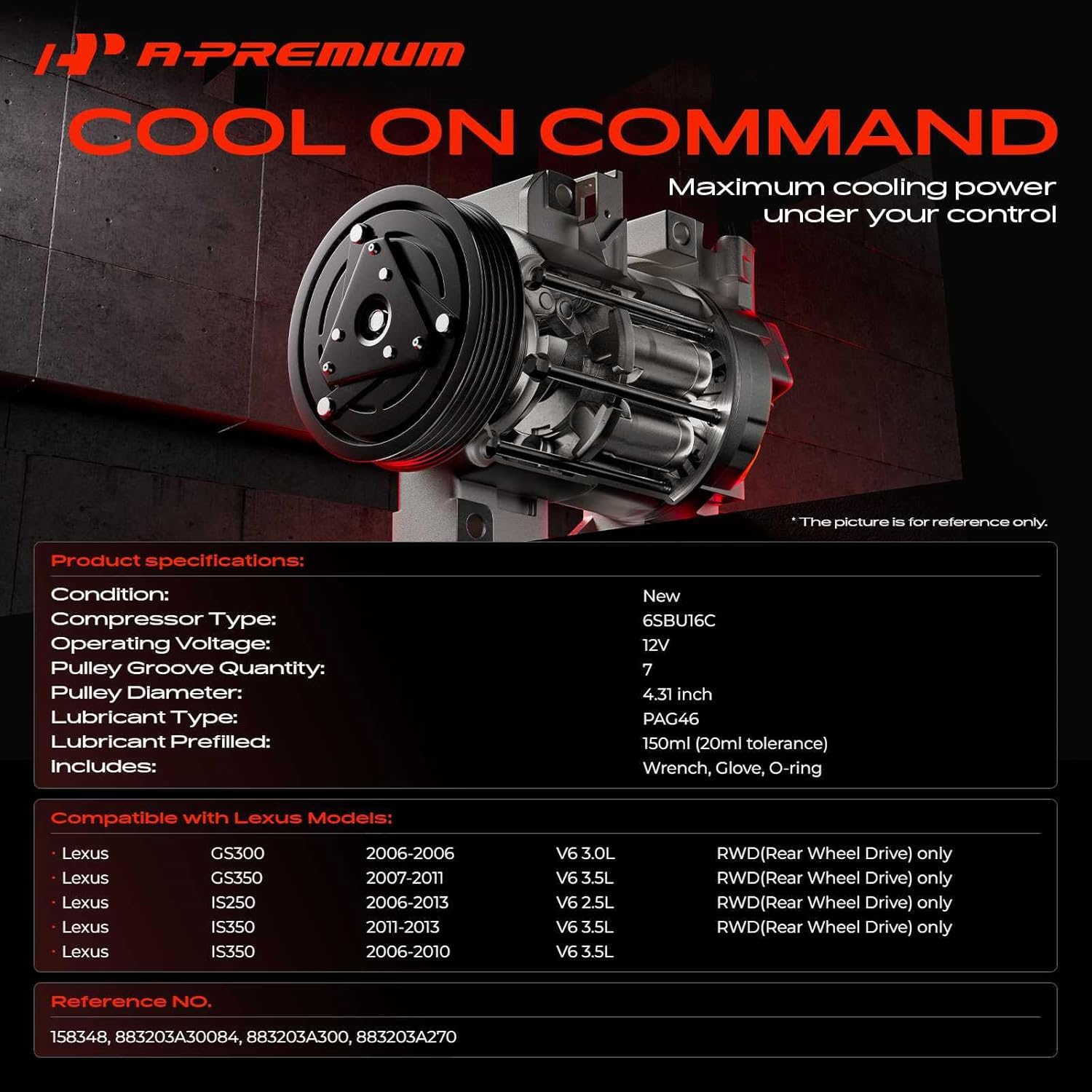 A-Premium Air Conditioner AC Compressor with Clutch Compatible with Lexus GS300 3.0L 2006, GS350 3.5L 2007-2011, IS250 2.5L 2011-2013, IS350 3.5L 2006-2013