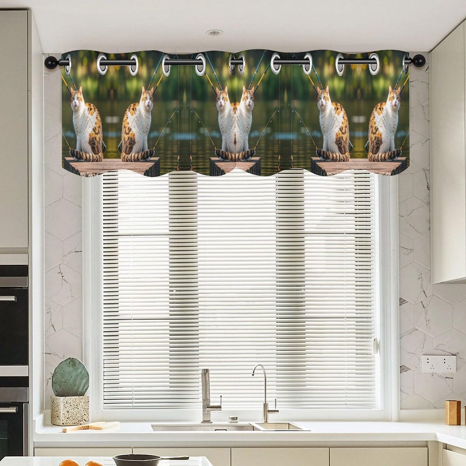 Thermische Raumverdunkelung, Volant, Angeln, Katze, kurzer Vorhang, Doppelstangentasche, kleiner Fenstervorhang, durchsichtiger Volant, Küche, Bauernhaus, Verdunkelung, Fenstervolants für