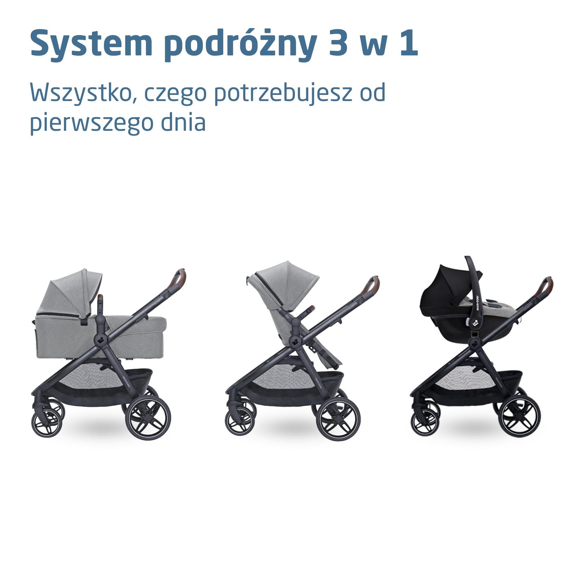 Maxi-Cosi Zelia Select+, Wózek 3w1, 0–4 lat (0–22 kg), System Podróżny 3w1 Składany Jedną Ręką, Odwracalna Gondola, z Fotelikiem Samochodowym CabrioFix S z Homologacją i-Size, Szary
