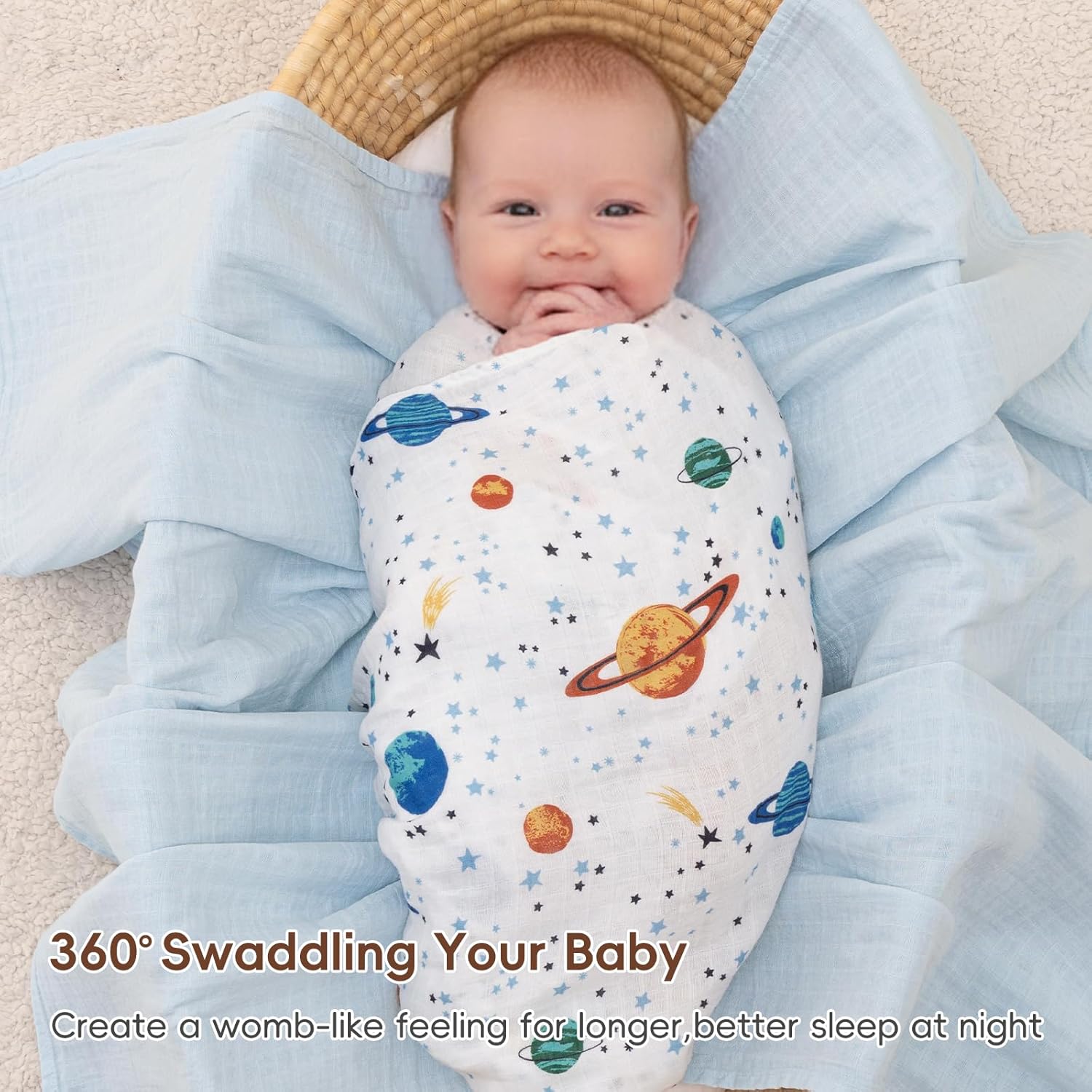 david's kids 4 Pack Baby Muslin Swaddle Blankets, 100% Cotton and Ultra Soft Breathable Receiving Blanket Wrap for Boys Girls, New Born Essentials, Large 47 x 47 inches, Space&Stars