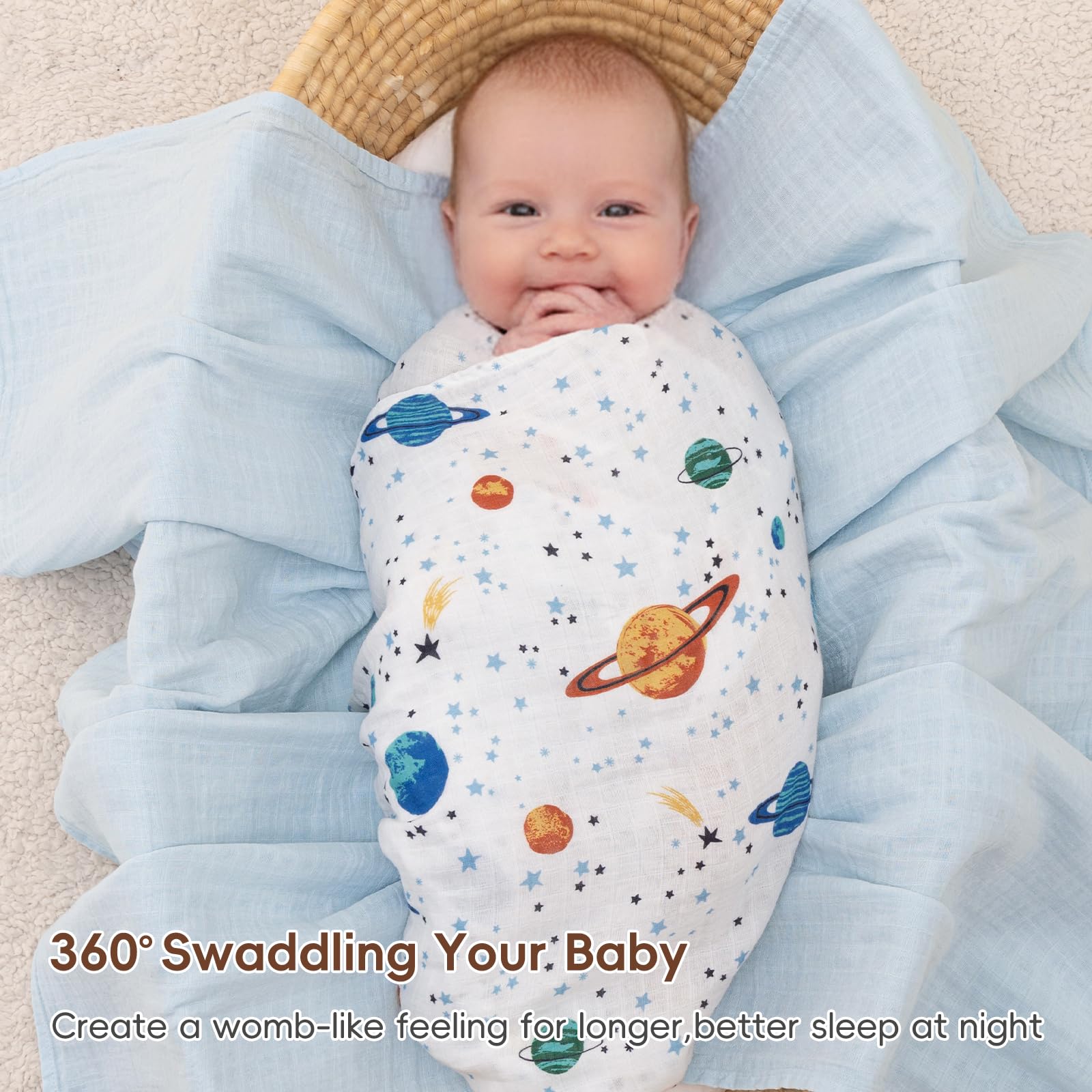 david's kids Paquete de 4 mantas de muselina para bebé, 100 % algodón, para niños y niñas, manta de recepción ultra suave y transpirable, esencial para recién nacidos, espacio y estrellas