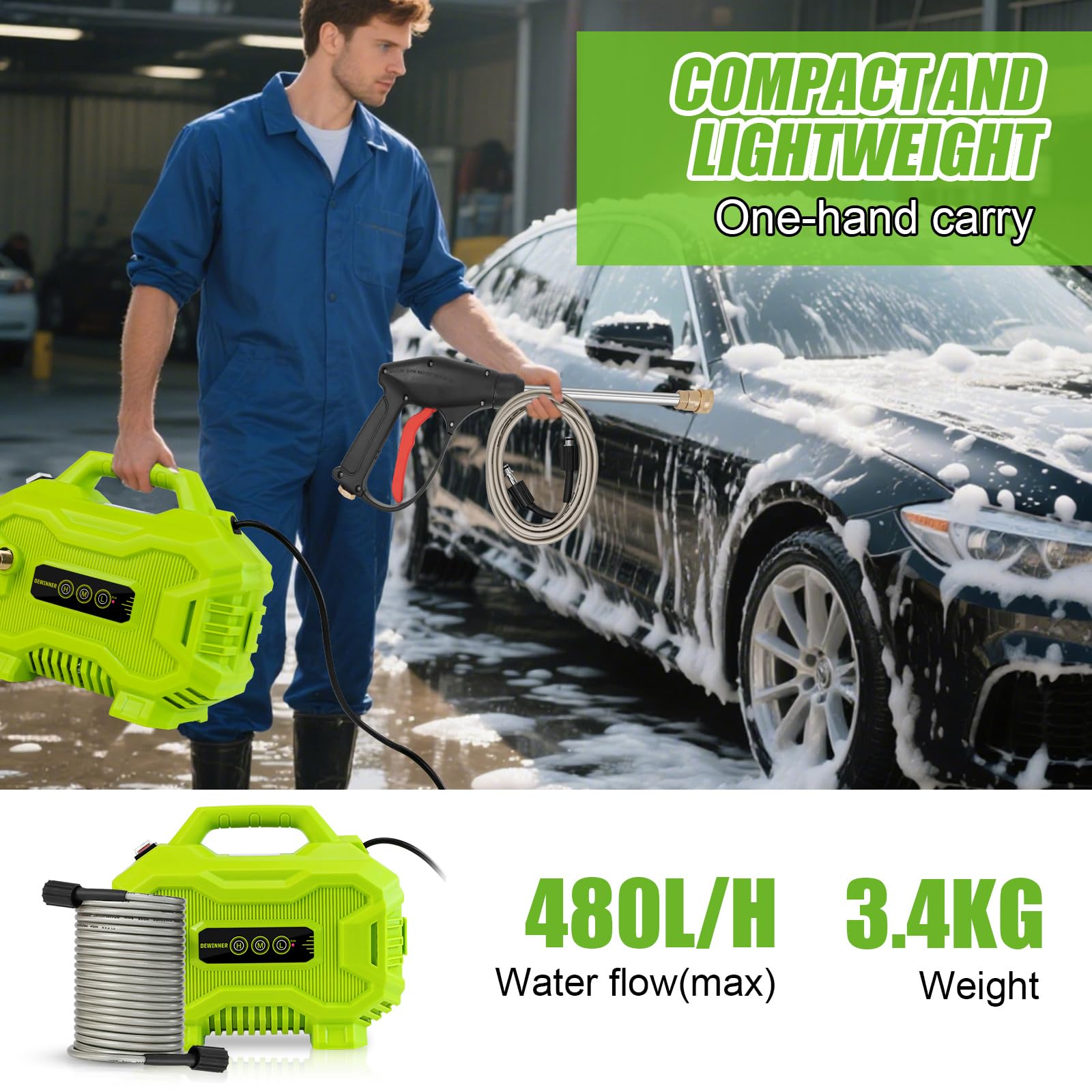 DEWINNER 130Bar Hidrolimpiadora Portatil, 1200W Mini Portátil Hidrolimpiadora, Ajuste de 3 velocidades con 4 boquillas, Manguera de 8 Metros y pulverizador de Espuma para la Limpieza de Balcones | Mini, ajuste de 3 velocidades, 4 boquillas, manguera de 8