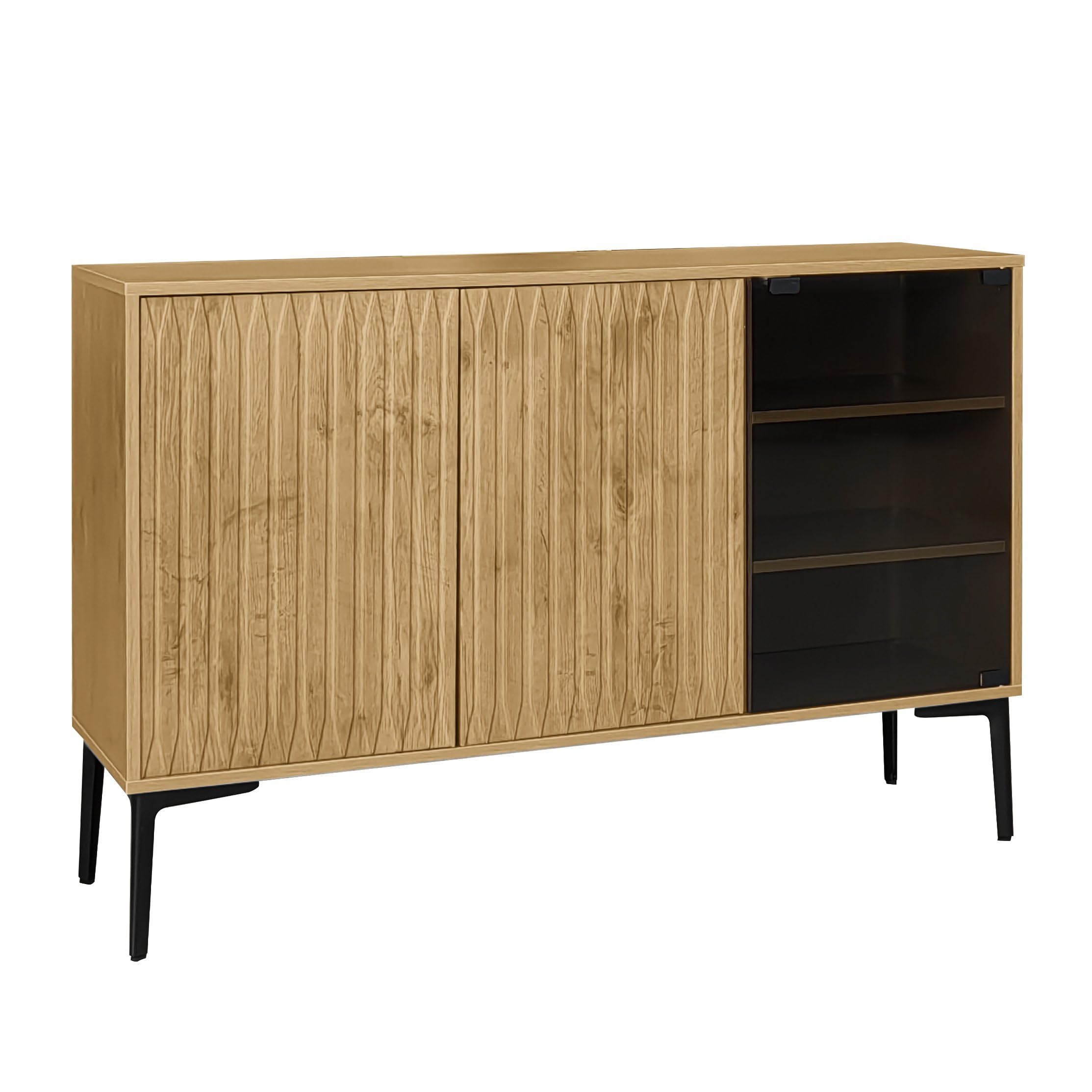 Aparador con Tira de Luz LED, Elegante Vitrina Retro con Puertas de Vidrio Transparente Curry, Aparador Estilo Campestre, Mueble de Cocina Comedor, 120 x 35 x 57 cm, Mueble de Salón