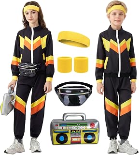 Kids 80s 90s Costume Outfit for Boys Girls 6Pcs Unisex Toddler Tracksuit