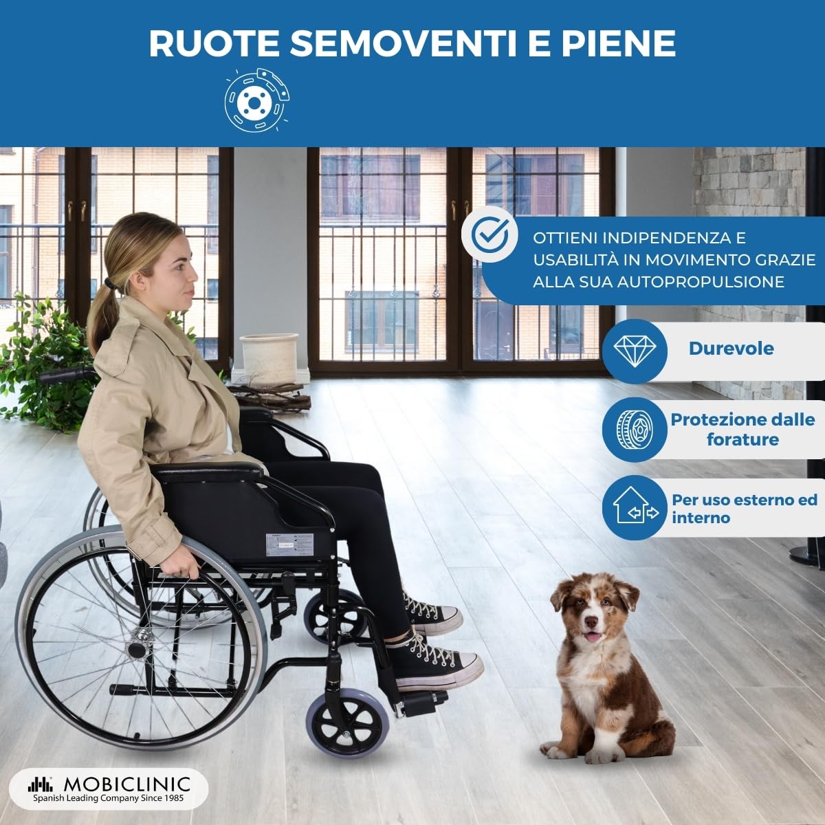 Mobiclinic®, Sedia a rotelle pieghevole, Autopropulsa, Braccioli rimovibili e imbottiti, Poggiapiedi abbattibili, Catedral, Freno manuale, Sistema di sollevamento dei marciapiedi, Ruote antiforatura