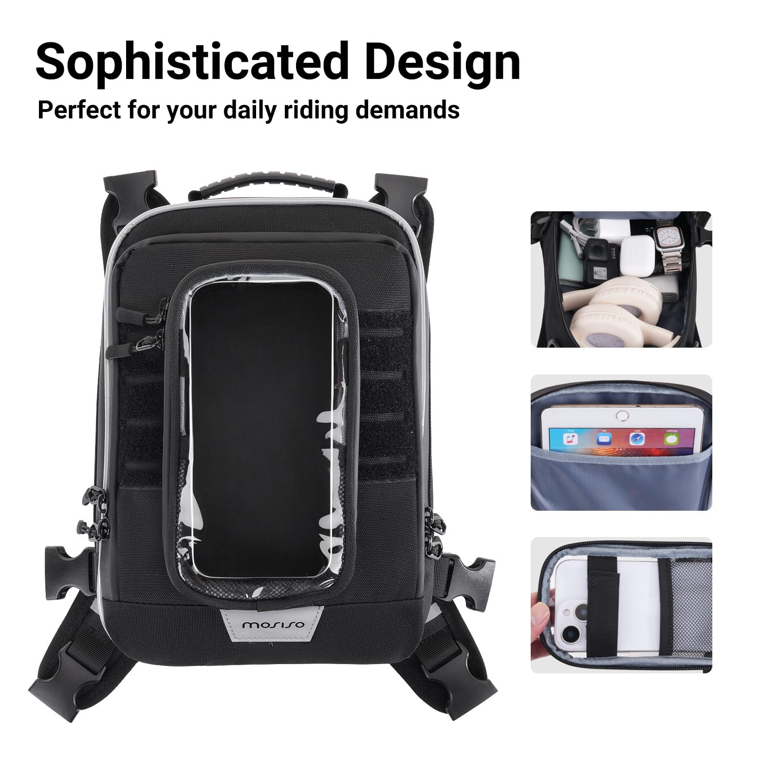 MOSISO Sac Réservoir Moto, 5 Sangles Renforcées Haute Résistance, Base Antidérapante Portable Détachable, Sac Multifonction Accessoires Moto Cyclisme Extérieur Rangement, Noir