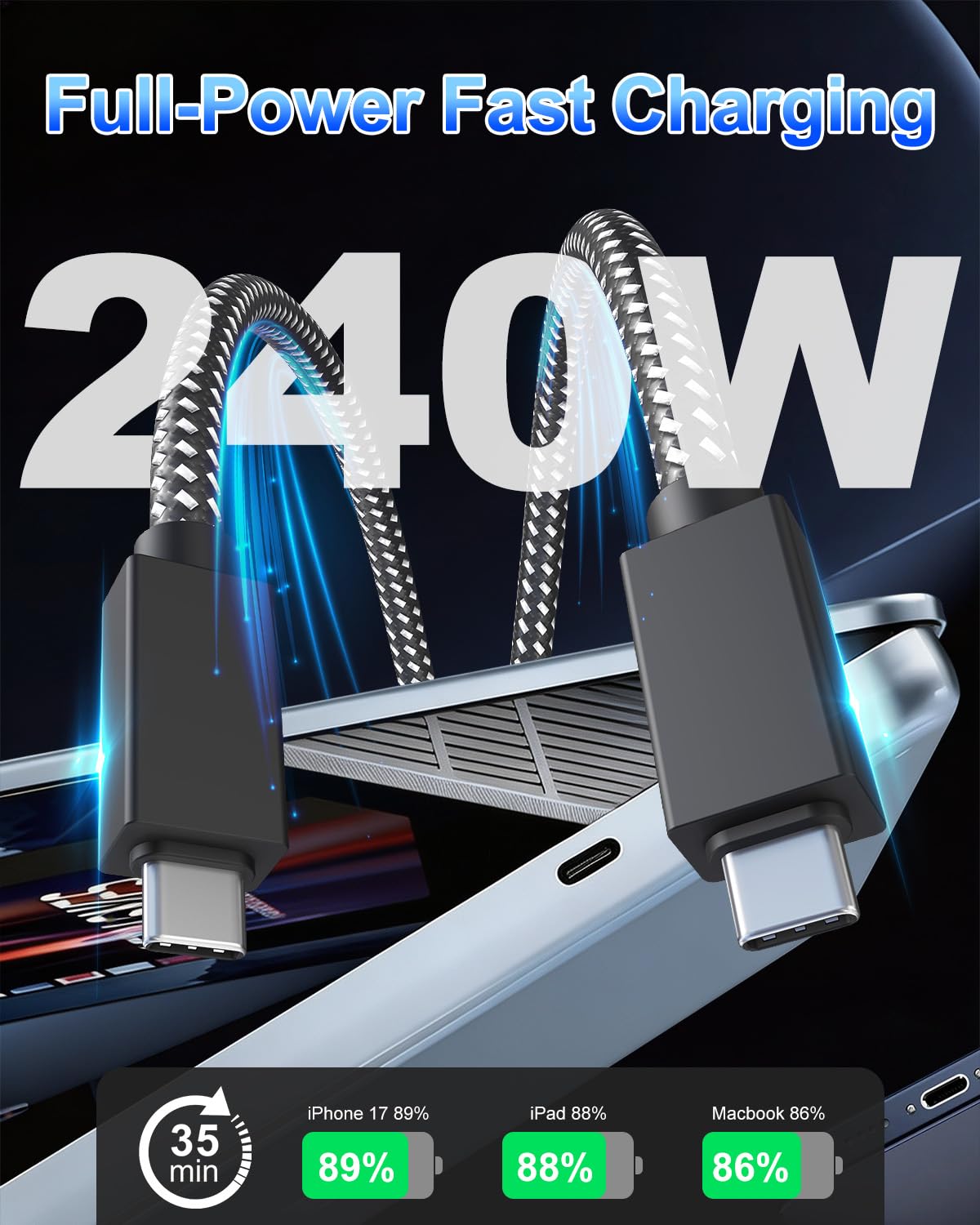 Cavo da USB C a USB C, 9 m, ricarica rapida 240 W, dati 20 Gbps, video 4K