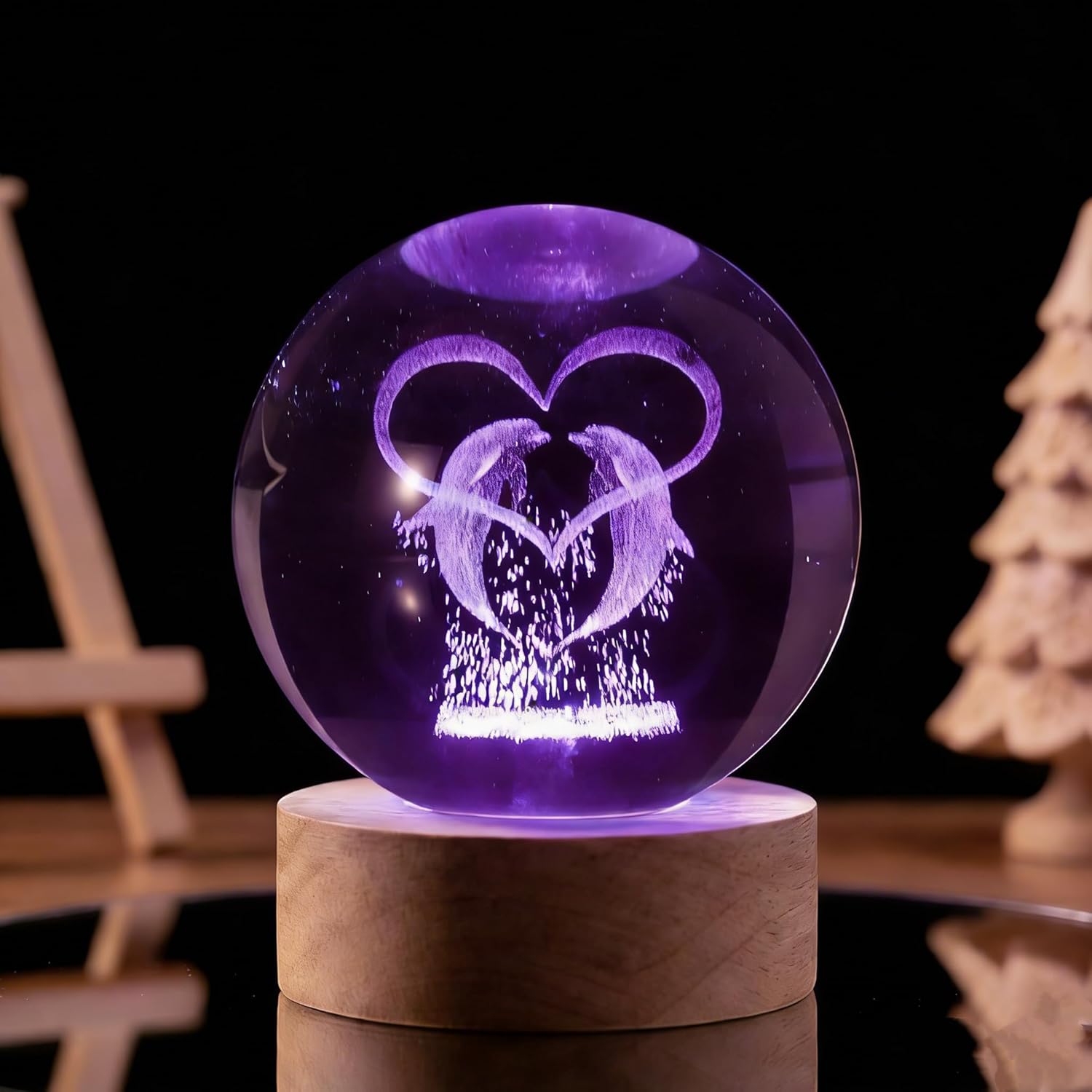 3D Crystal Ball Colorful 60mm Universe Gifts Laser Engraved Model Astronomy Glass Ball Decor Gifts for Physics Enthusiasts and Space Collectors Home Decor Crafts (Heart Dolphins) - Image 4