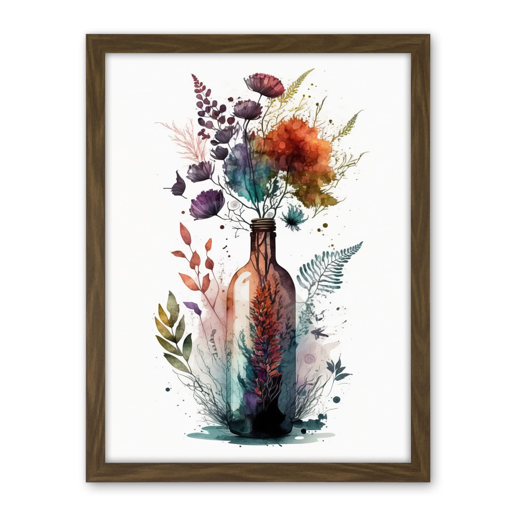 Artery8 Wine Bottle with Spring Wildflower Floral Bouquet Artwork Framed Wall Art Print 18X24 Inch
