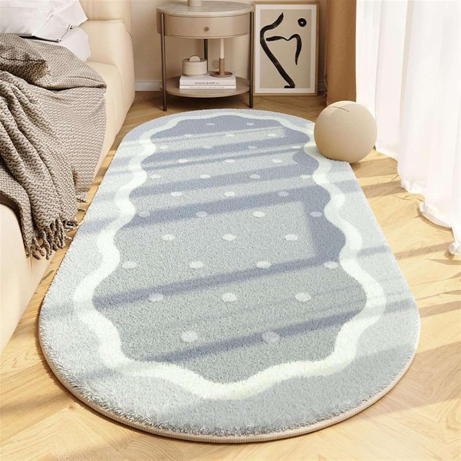 Tapis ovale moderne bleu shaggy 80x160cm doux et antidérapant chambre