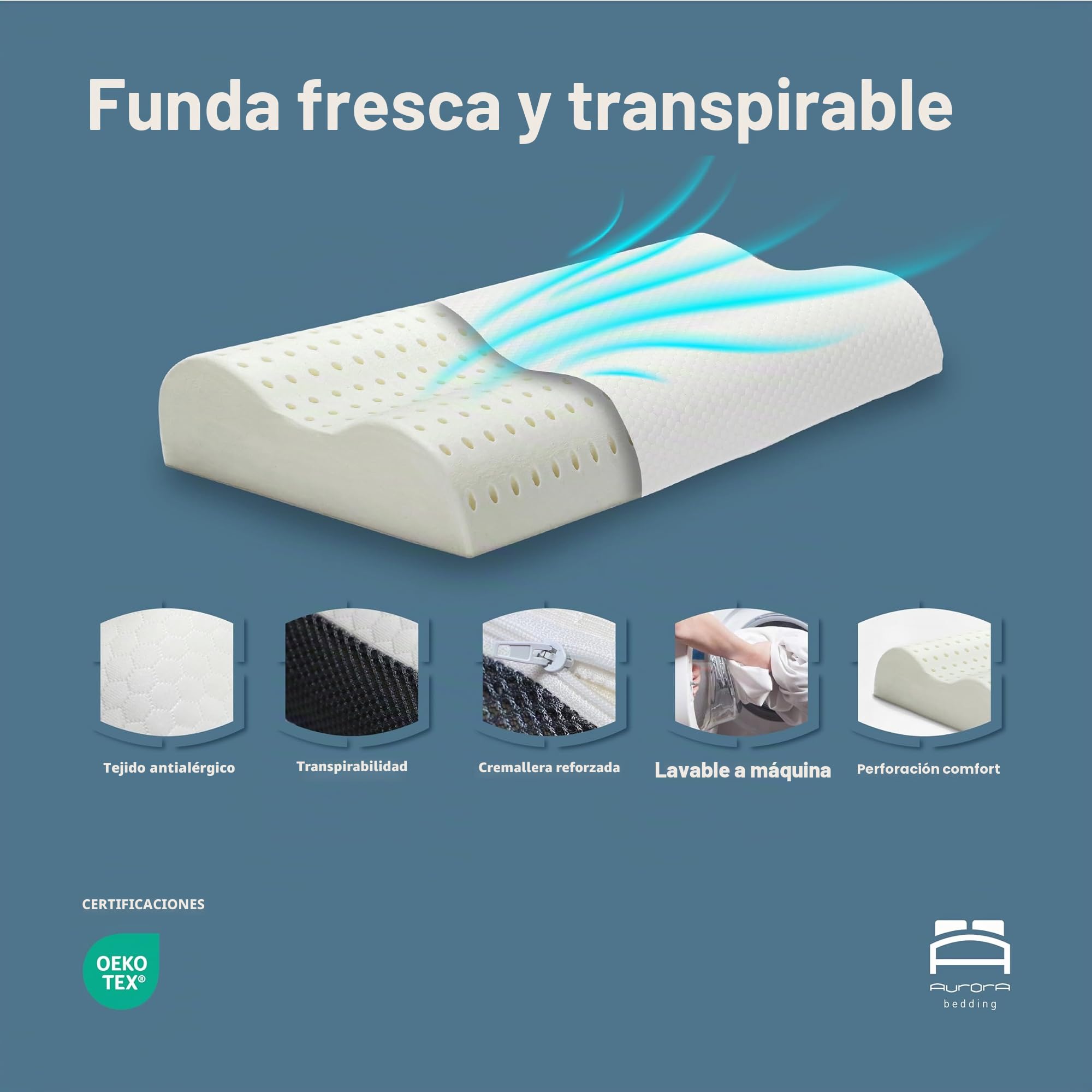Aurora Bedding Almohada Cervical para Dormir de Espuma Viscoelástica Perforada Doble Onda Transpirable Refrescante, 41 x 72 x 11/13 cm