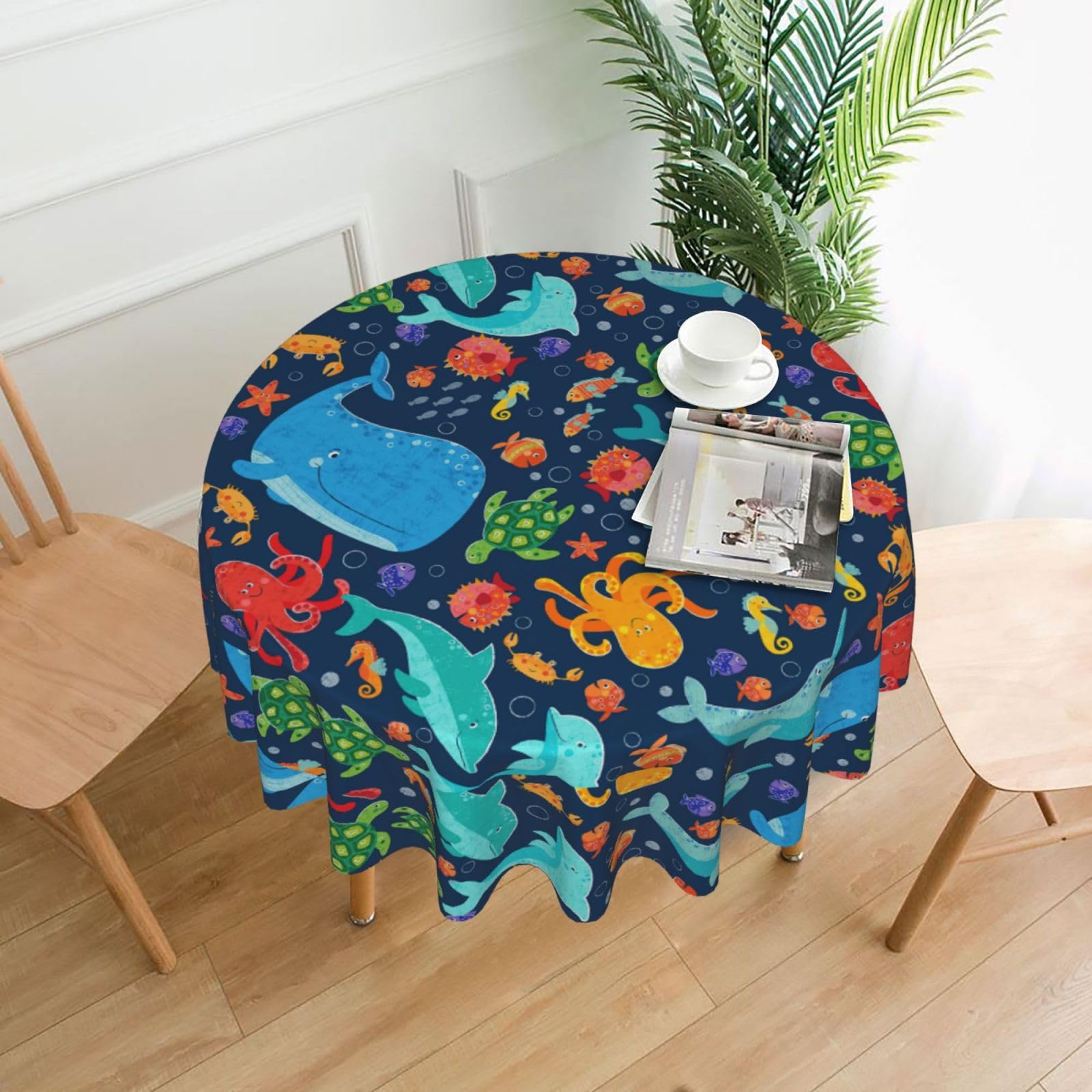 OKFSTY Ocean whale fish octopus Print Round Tablecloth 60in for Wedding Elegant Polyester Cover for Party Reception Festive Dinner