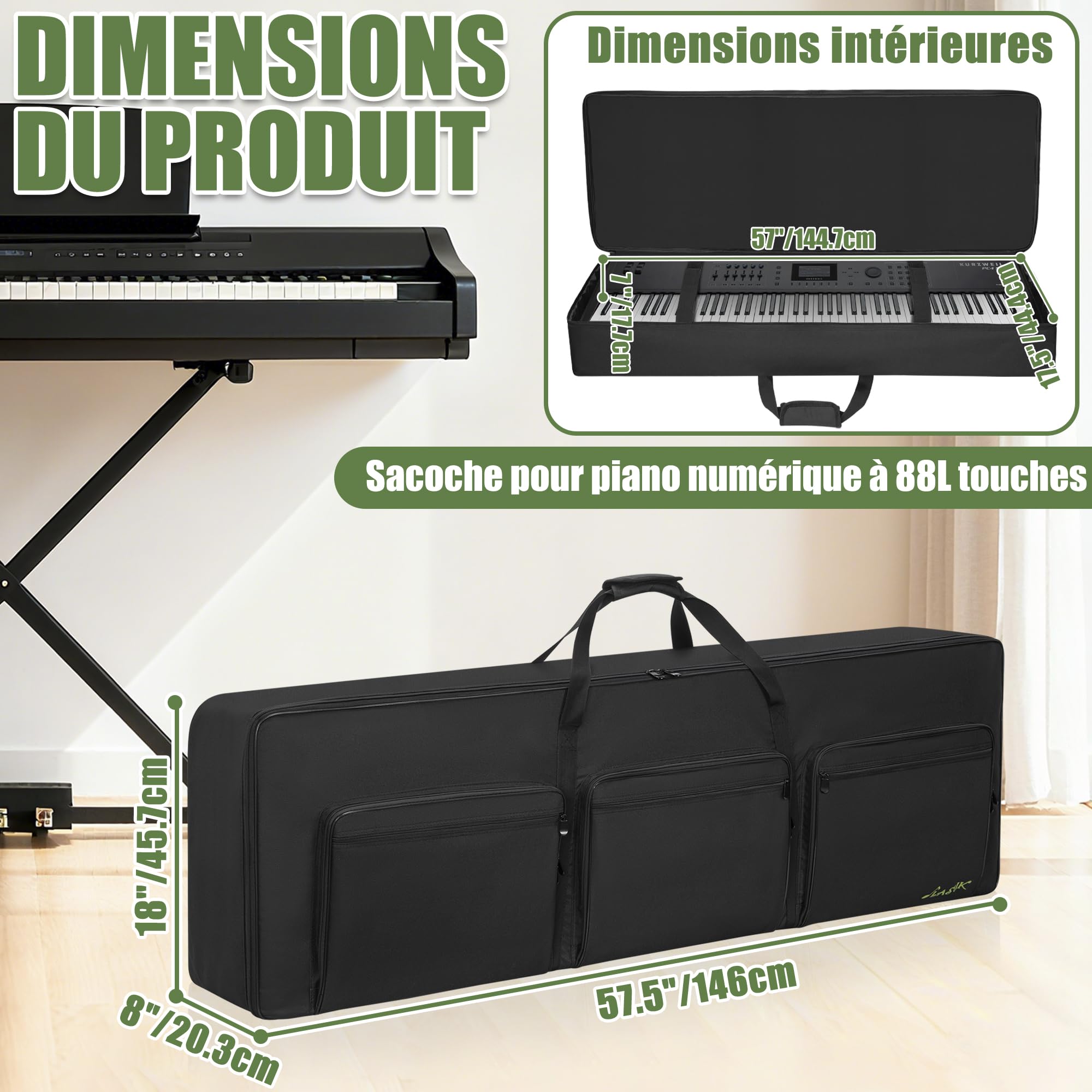 OUUTMEE Sac pour Clavier, Housse Transport Clavier avec bandoulière et 6 Poches pour Accessoires, Sac de Transport pour Clavier de Piano électrique (88 touches-147 x 46 x 18CM)