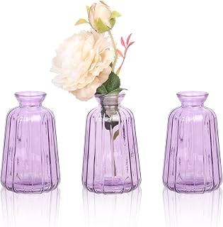 Juego de 3 jarrones pequeños de cristal para flores, mini jarrones de vidrio morado para decoración de mesa y hogar