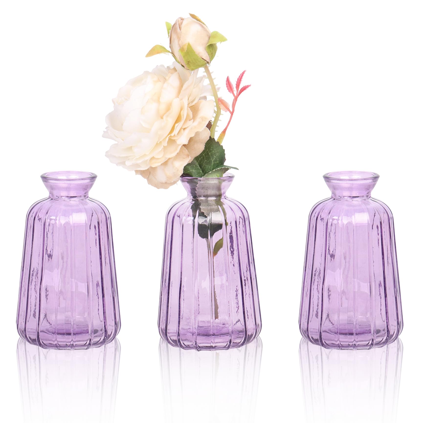 Juego de 3 jarrones pequeños de cristal para flores, mini jarrones de vidrio morado para decoración de mesa y hogar