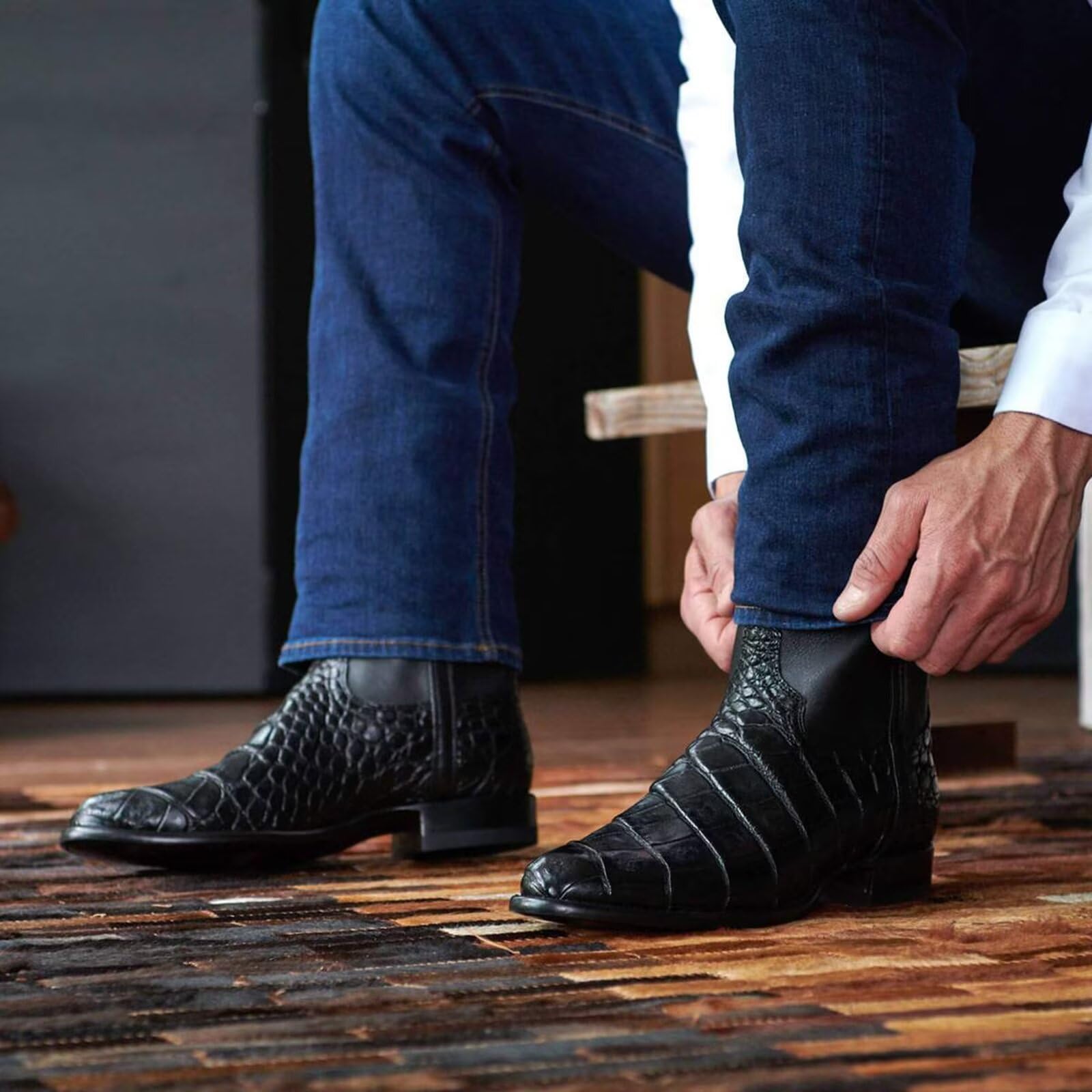 HusSeN Kowbojskie buty dla mężczyzn tradycyjne buty wiejskie postarzane buty robocze na co dzień haftowane boczny zamek błyskawiczny retro zachodnie buty