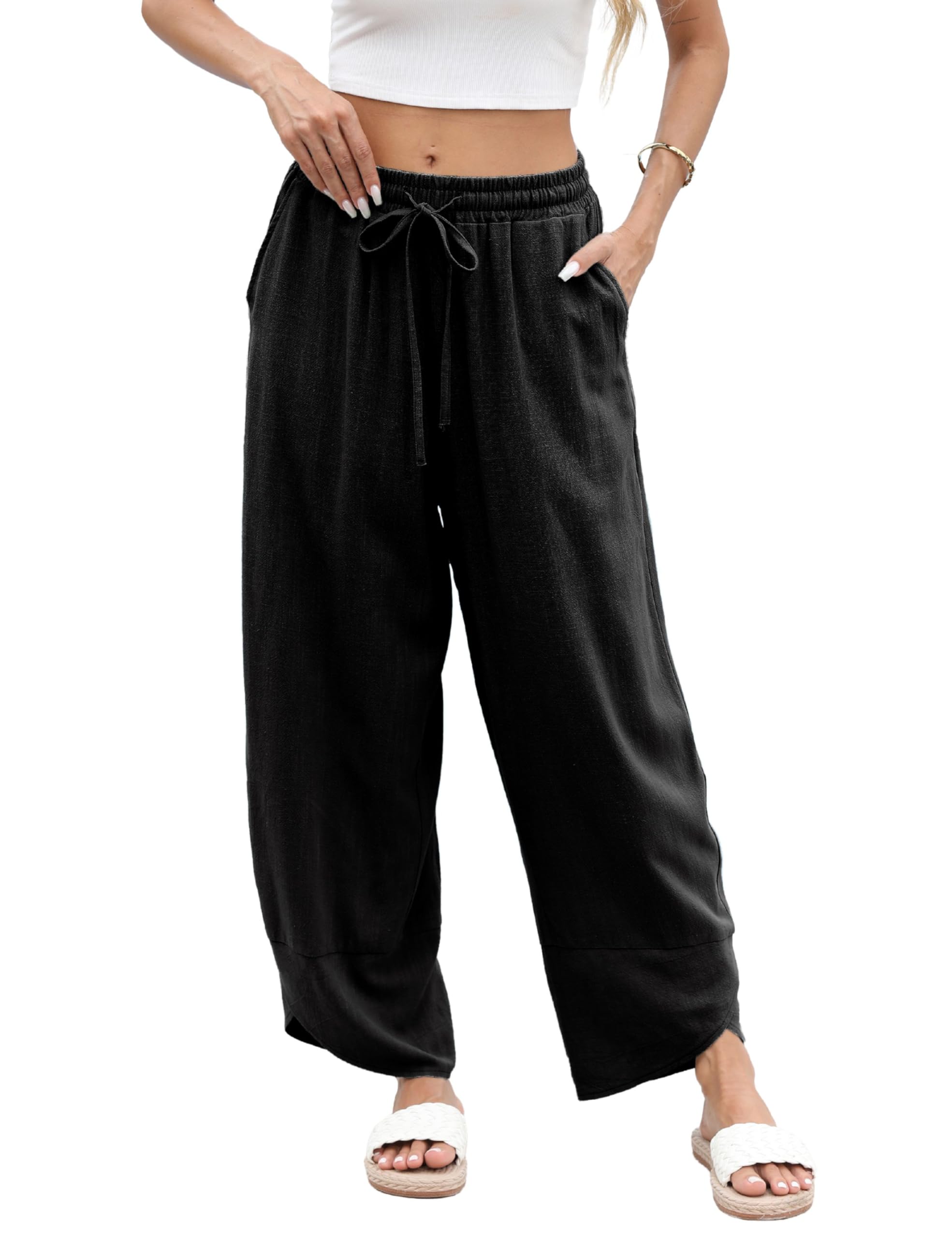 Xiaoxuemeng Wide Leg Linen Pants for Women Elastic Waisted Baggy Barrel Pants Lounge Harem Pants