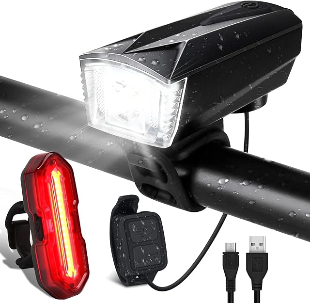 LED Bike Lights Set USB Rechargeable Bicycle Lights 6 Modes Cycle Lights Waterproof Bike Lights Front and Back Cycling Lights Mountain Bike Light MTB Light Road Bike E-Bike Accessories with Buzzer