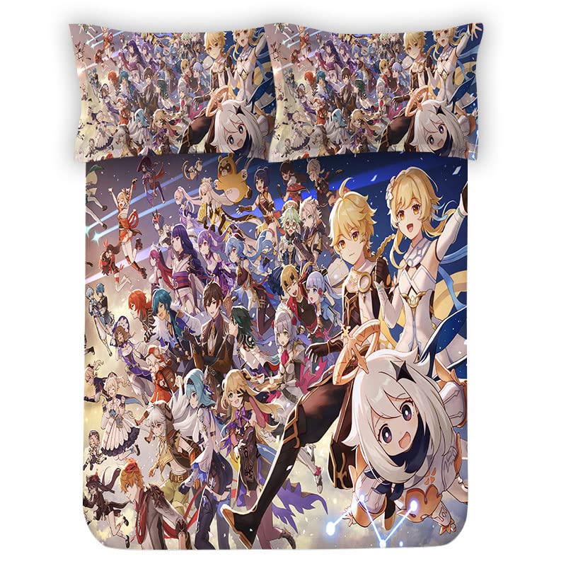 Genshin Impact Bedding Set Soft Comforter Cover 3 Pieces with Zipper Closure 1 Duvet Sets 2 Pillowcases (All Character, Queen)