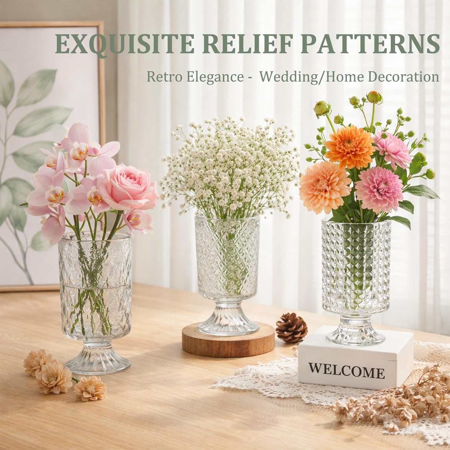 WRINGKIT Set of 3 Embossed Glass Vase, 7'' Clear Vases for Flowers Centerpieces, Wide Mouth Pedestal Vase with Big Base, Cylinder Candle Holder Glass Bouquet Vases for Table, Wedding Home Decor