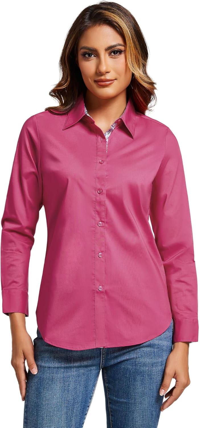 Esabel.C Womens Dress Shirts Cotton Long Sleeve Regular Fit Stretch Button Down Blouse - Image 2