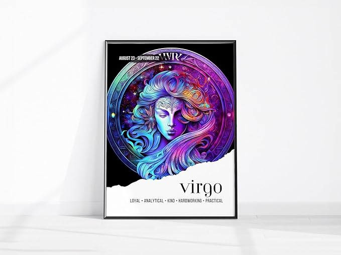 Virgo zodiac poster print featuring a vivid fantasy maiden illustration for wall decor, large art suitable for living room, bedroom, dorm, or office spaces