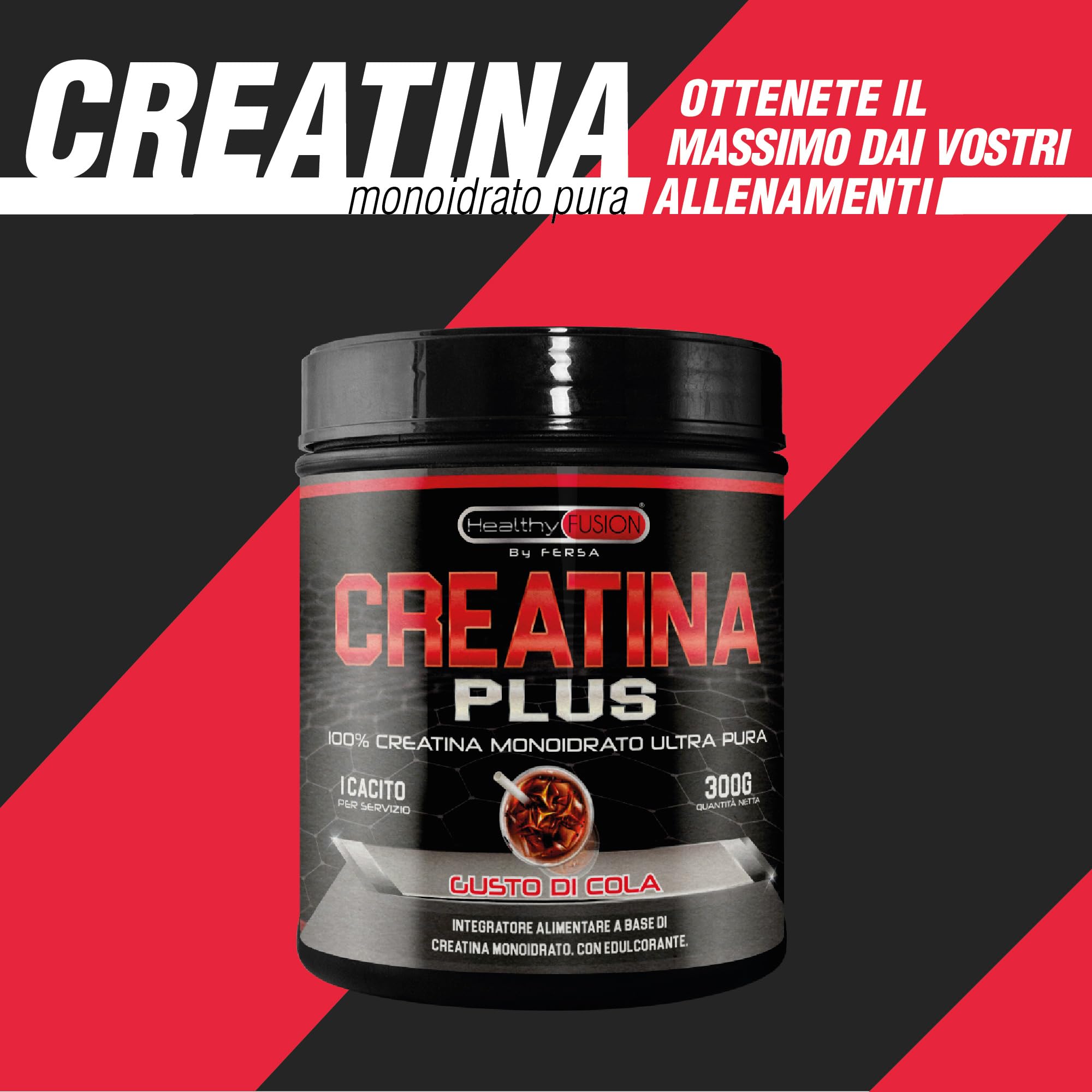 Healthy Fusion | Creatina Monoidrato in polvere 100% pura, senza additivi | Favorisce la crescita muscolare e aumenta le prestazioni fisiche | Alta solubilità | 300g, gusto Cola